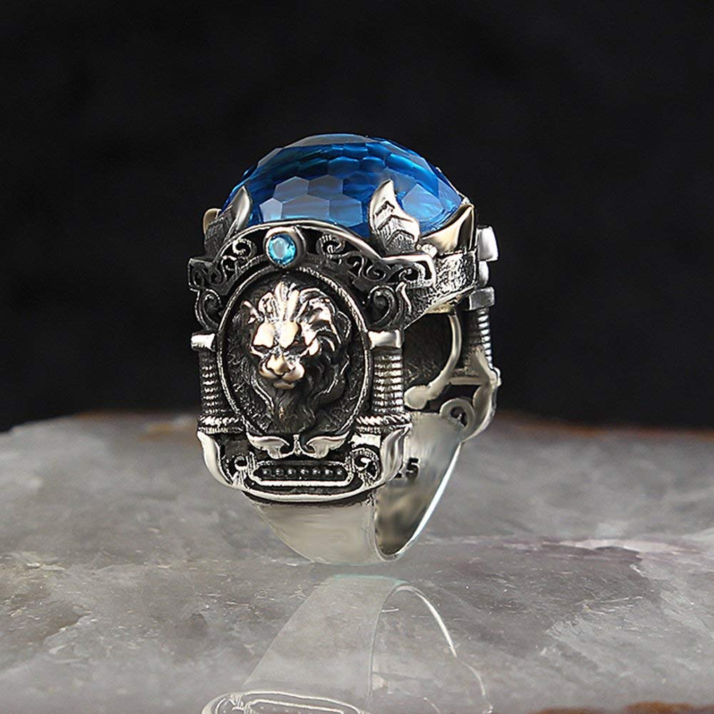 Large Lion Ring with CZ Aquamarine in Sterling Silver - Unique Handmade Jewelry for Birthday Gifts (RP1231) | Perfect for Women's Fashion, Statement Jewelry & Special Occasions