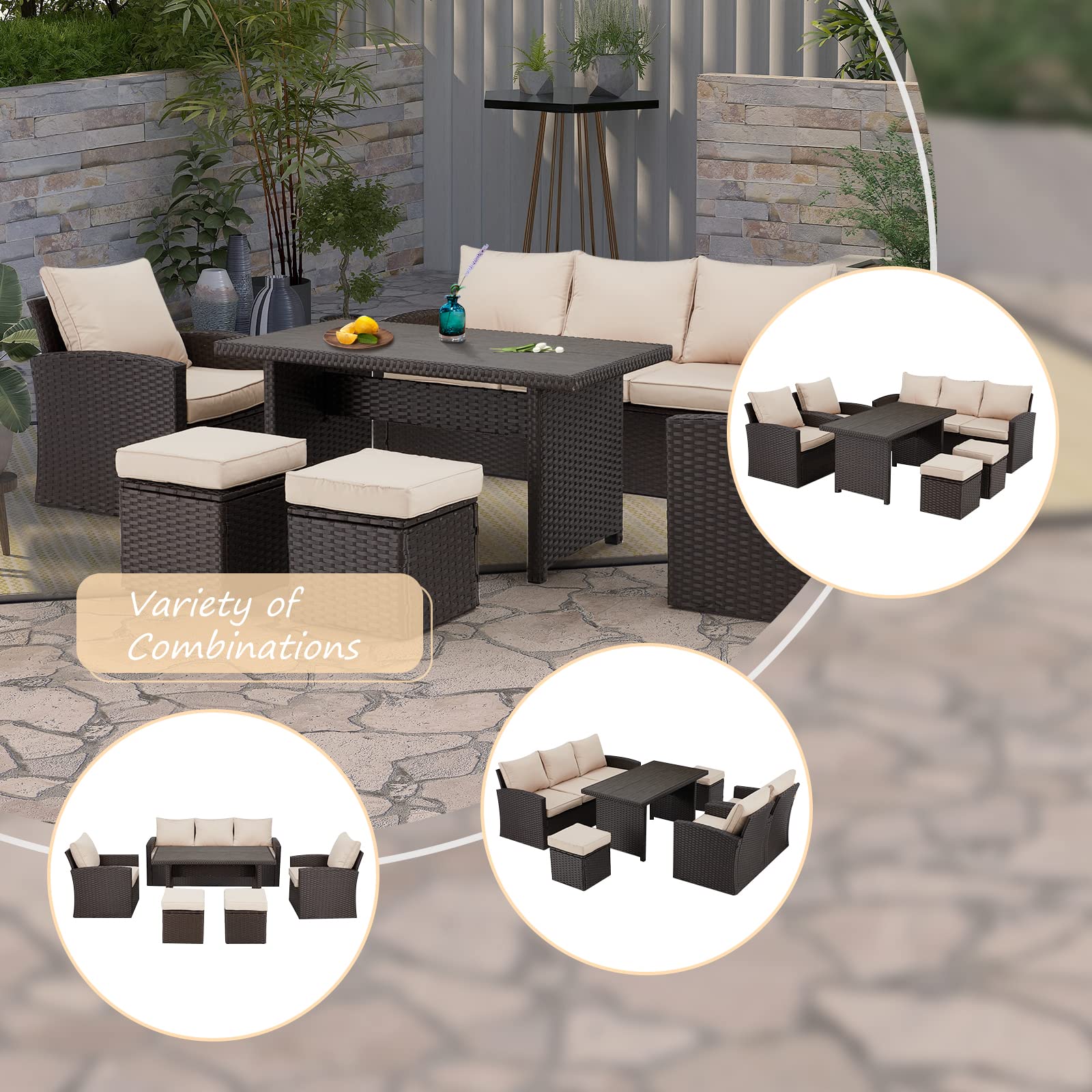HOMREST 6-Piece Outdoor Patio Furniture Set - All-Weather Wicker Rattan Sectional Sofa with Dining Table & Chairs (Beige) - Perfect for Backyard, Garden, Poolside, Patio & Deck - Ideal for Outdoor Entertaining, Lounging & Dining Al Fresco - Great for Summer BBQs, Family Gatherings & Relaxing in the Sunshine - Durable & Stylish Outdoor Furniture for Pool Parties, Garden Tea Time & Sunset Cocktails