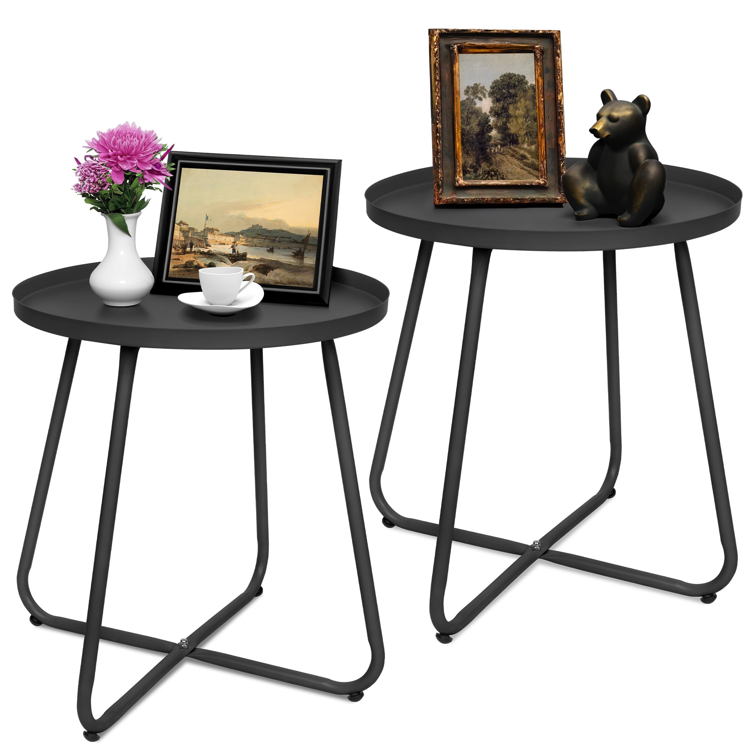 CODIN Set of 2 Weather-Resistant Metal Outdoor Side Tables - Small Round End Tables for Patio, Garden, Porch, Balcony, Yard & Lawn (Black) - Perfect for Outdoor Relaxation & Entertaining