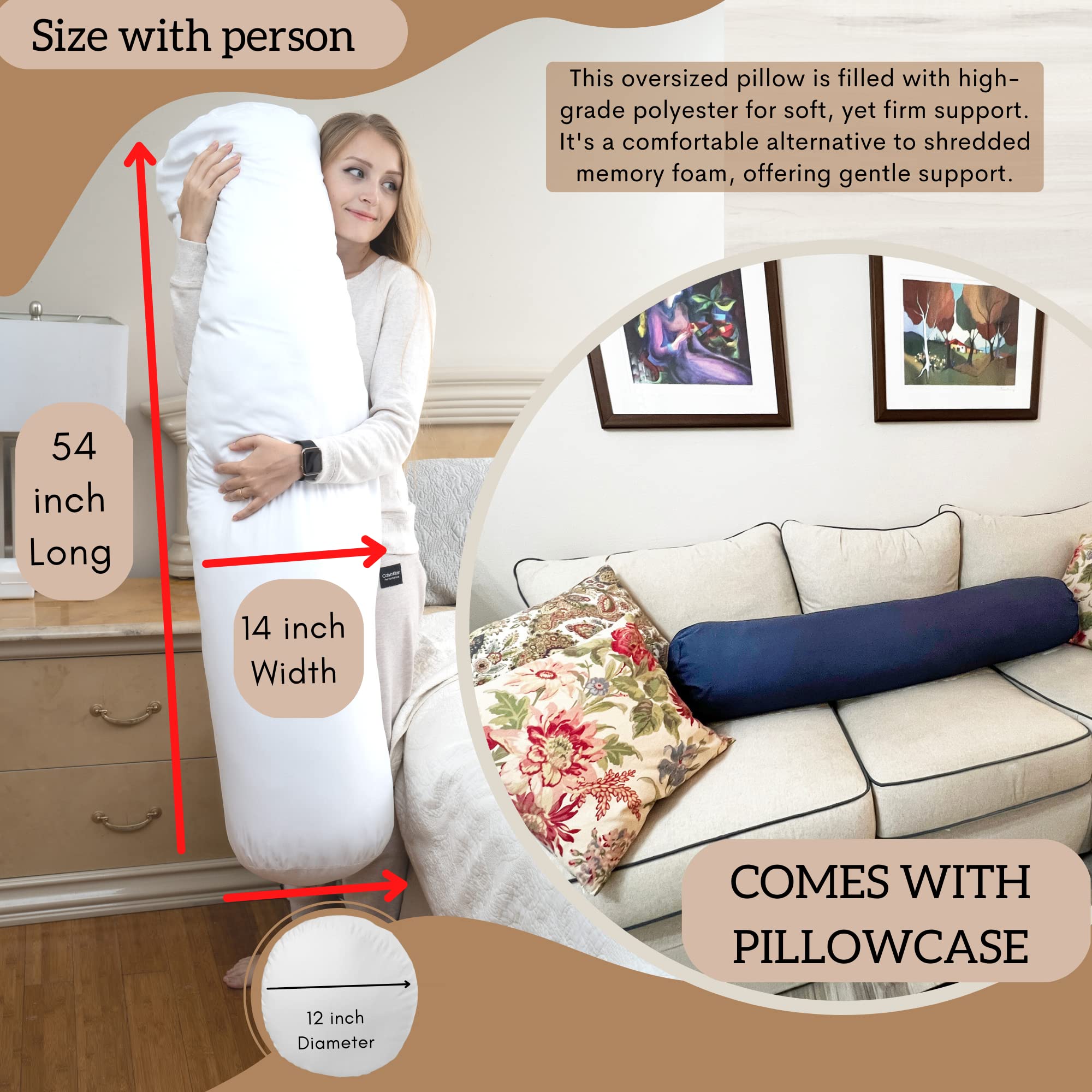 King Size Extra Long Round Body Pillow - 54x12 Inches Ultra Soft Bolster Pillow with Removable Cover | Maternity Support, Back Pain Relief & Comfort Sleeping | Perfect for Pregnancy, Side Sleepers & Lounge Relaxation (Blue)