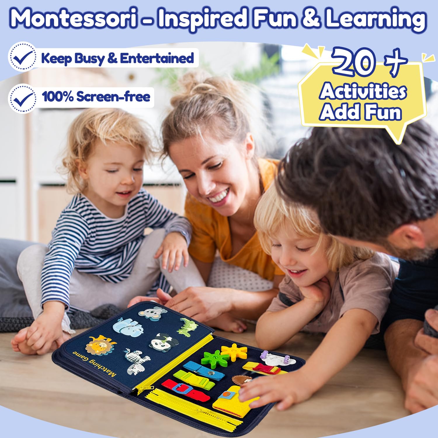 Qizfun Montessori Busy Board Book - Sensory Learning & Educational Toys for Toddlers 1-4 Years Old | Best Travel Activity Toy for Airplane & Car Rides | Perfect Birthday Gift for Boys & Girls 1-3 Years | Develop Fine Motor Skills & Early Learning