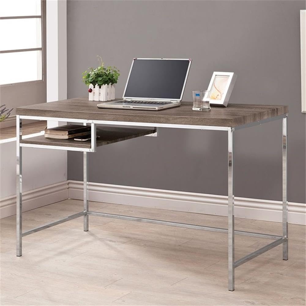 BOWERY HILL Modern Writing Desk in Weathered Gray Finish with Chrome Accents - Perfect for Home Office, Study Room & Small Spaces