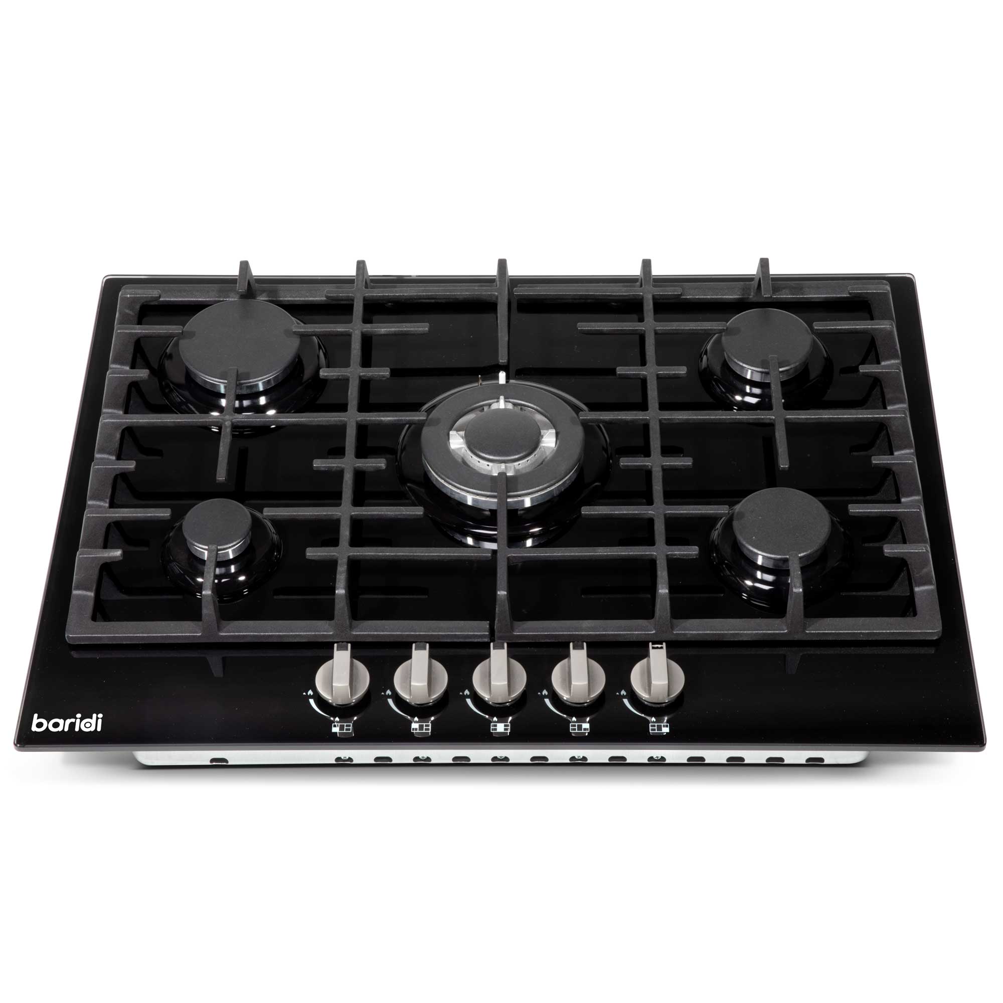 Baridi 70cm Built-In Gas on Glass Hob - 5 Burner Stove with Cast Iron Pan Supports, Black Glass (DH228) - Perfect for Modern Kitchens & Professional Cooking