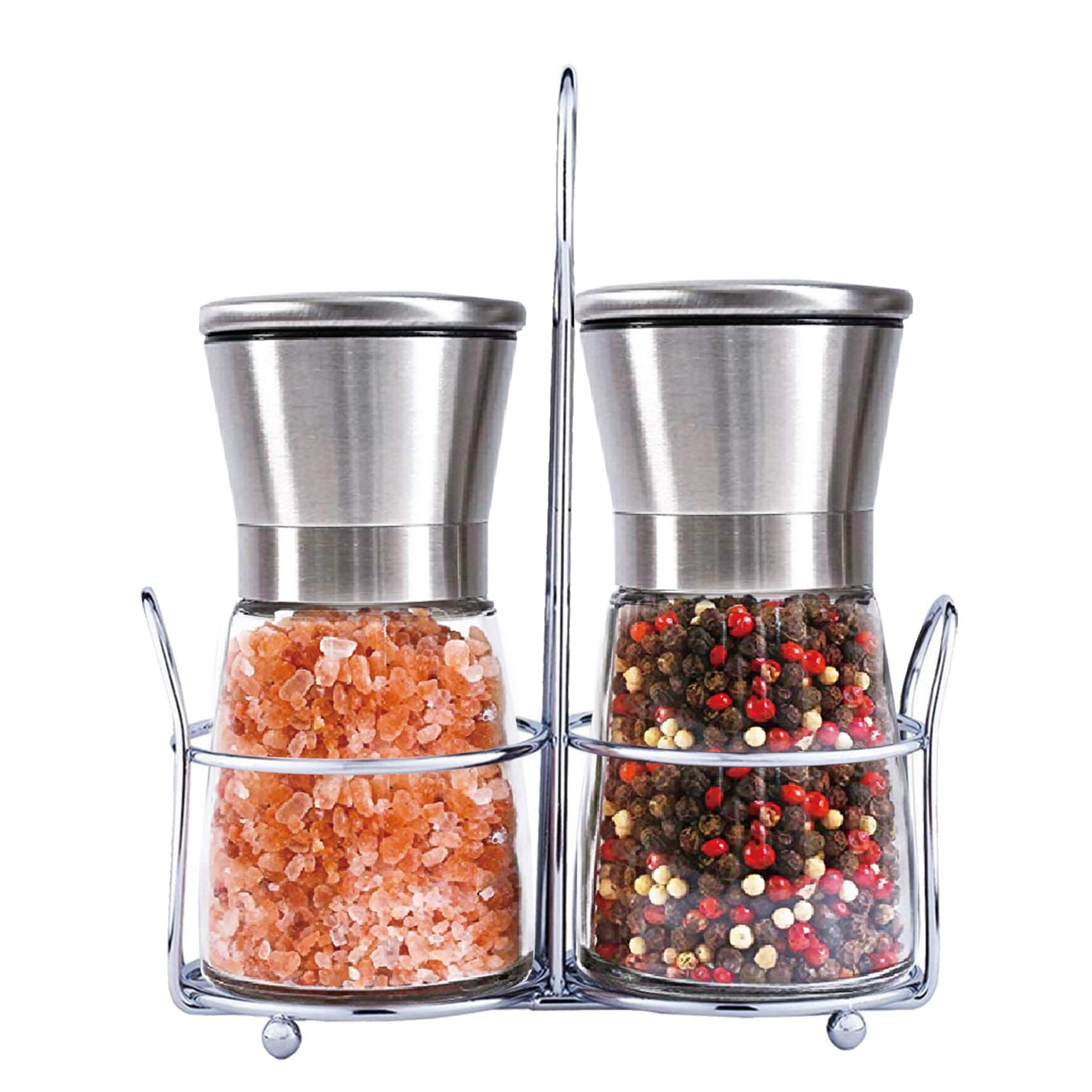 Premium Salt and Pepper Grinder Set of 2 - Adjustable Ceramic Mill with Stainless Steel Stand & Glass Body - Refillable Spice Grinders for Kitchen, Dining Table & Gourmet Cooking