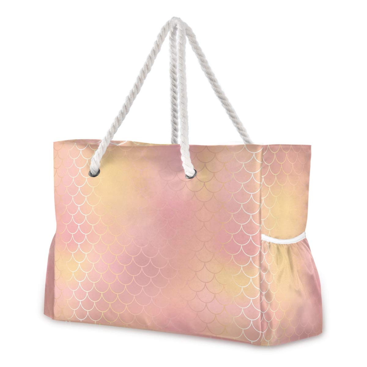 ALAZA Large Waterproof Beach Tote Bag - Rose Gold Mermaid Tail Design, Durable Polyester Gym Shoulder Bag with Cotton Rope Handle | Perfect for Beach Vacation, Pool Party, Yoga Class & Shopping