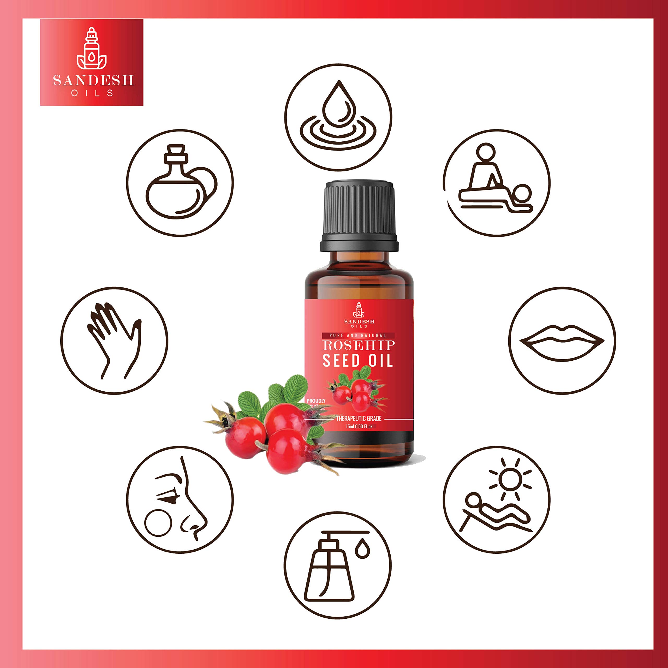 100% Pure Cold-Pressed Rosehip Seed Oil - Lightweight Non-Greasy Face Moisturizer for Dry Skin - Rich in Vitamins A, C & Antioxidants - Natural Hair & Body Treatment - 15ml Bottle - Perfect for Nighttime Skincare & Anti-Aging Routine