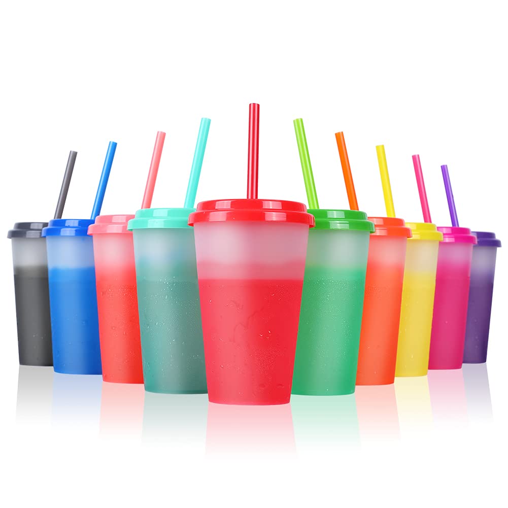 12oz Color Changing Reusable Plastic Cups with Straws & Lids - 10 Pack Kids Cold Drink Tumblers for School, Parties, and Outdoor Activities