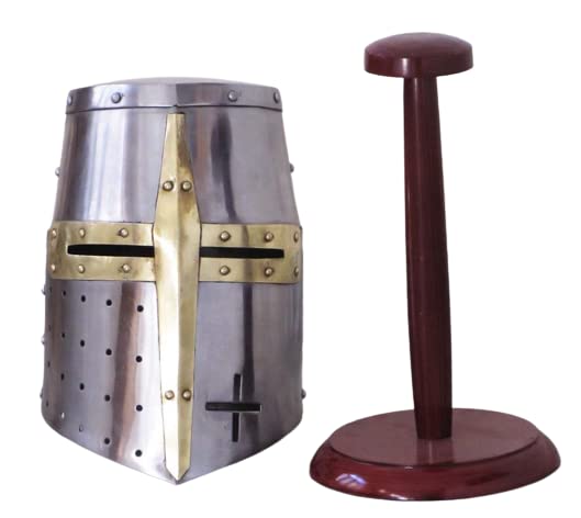 AnNafi® Medieval Templar Crusader Knight Armor Helmet with Wooden Stand - Greek Roman Spartan Armor Replica - Silver & Gold Plated Collectible Helmet for History Enthusiasts, Cosplay, and Home Decor