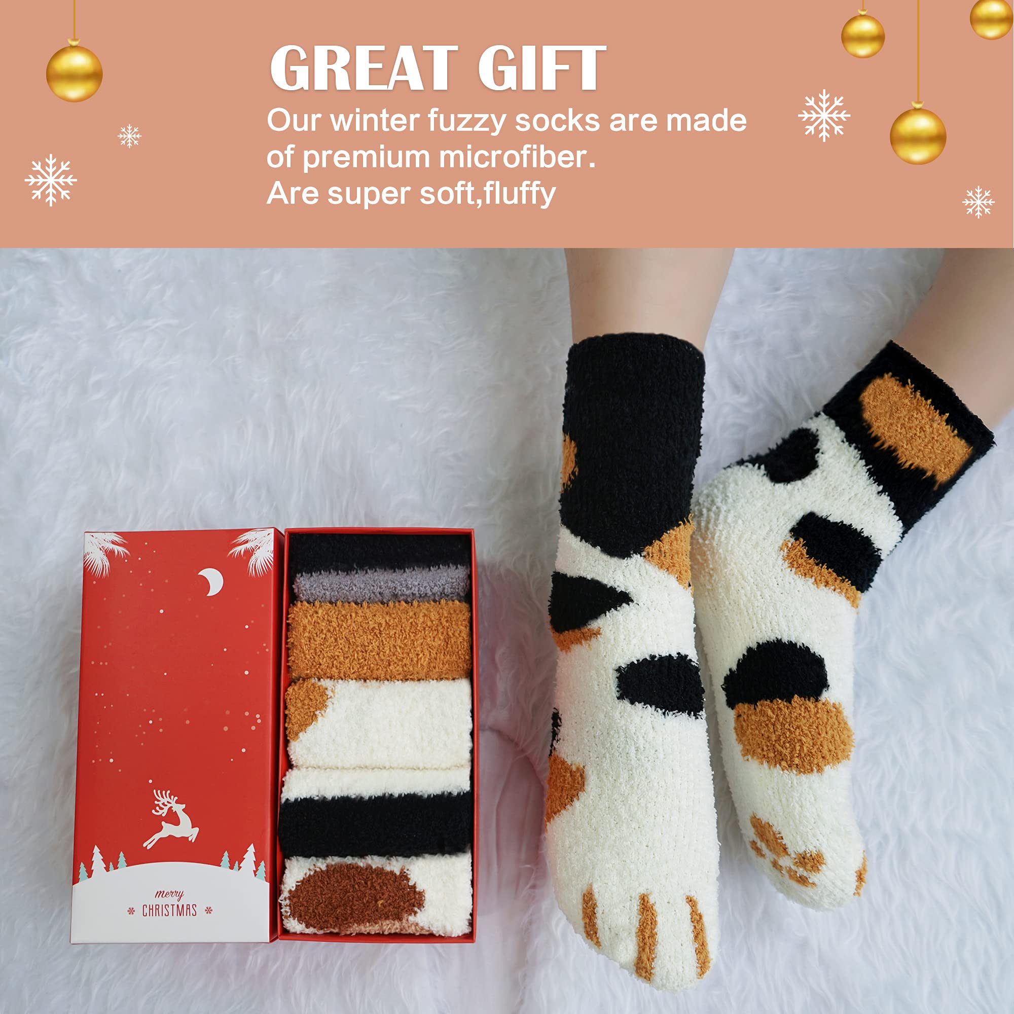 Warm Fuzzy Socks for Women - Cozy Winter Cat Paw Slipper Socks with Non-Slip Grip | Soft Fluffy House Socks with Gift Box | Perfect for Lounge, Sleep & Cold Weather