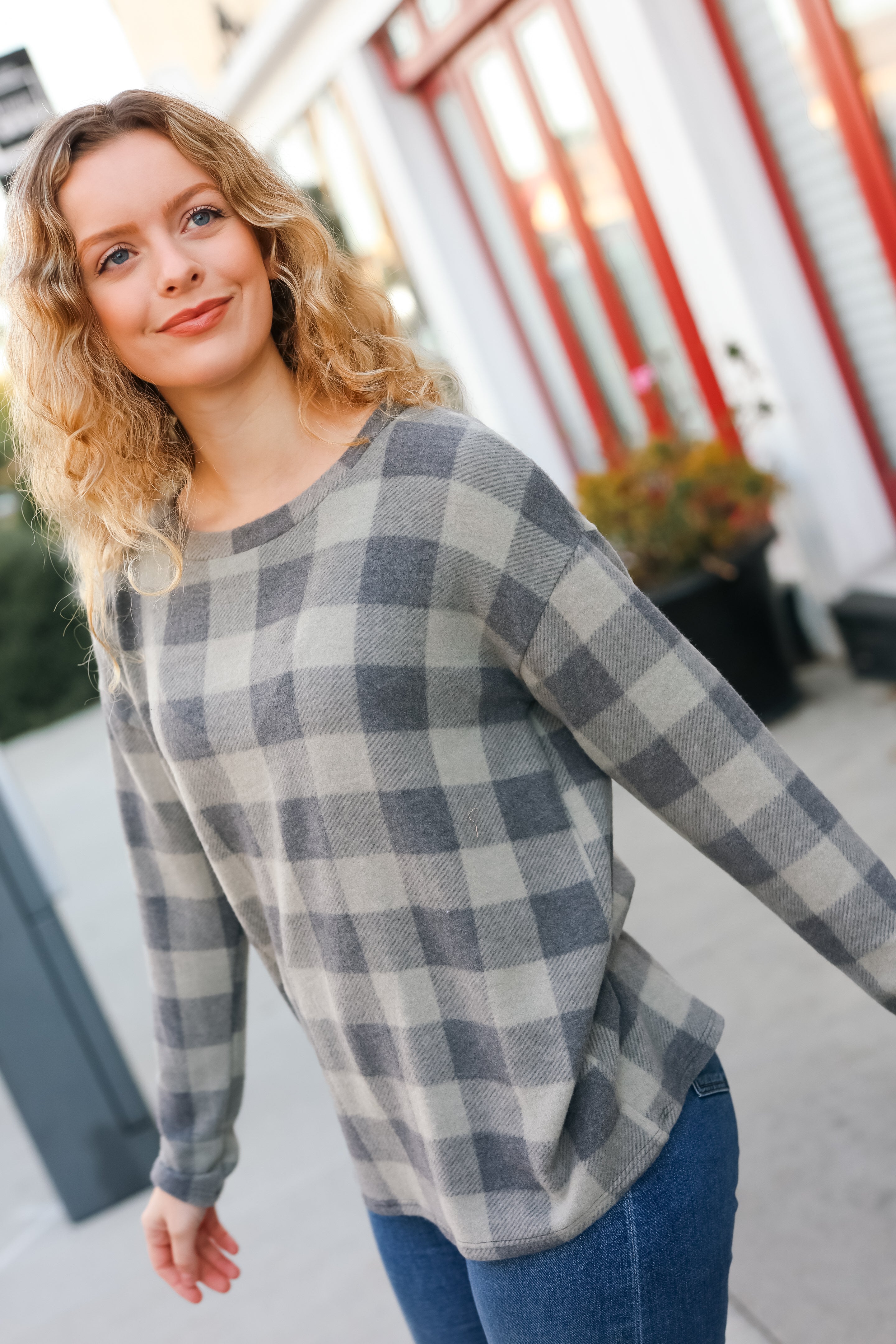 Olive Grey Checker Plaid Hacci Pullover Sweater - Cozy Knit Oversized Women's Top for Fall & Winter Fashion | Perfect for Casual Outfits, Layering, and Cold Weather Wear