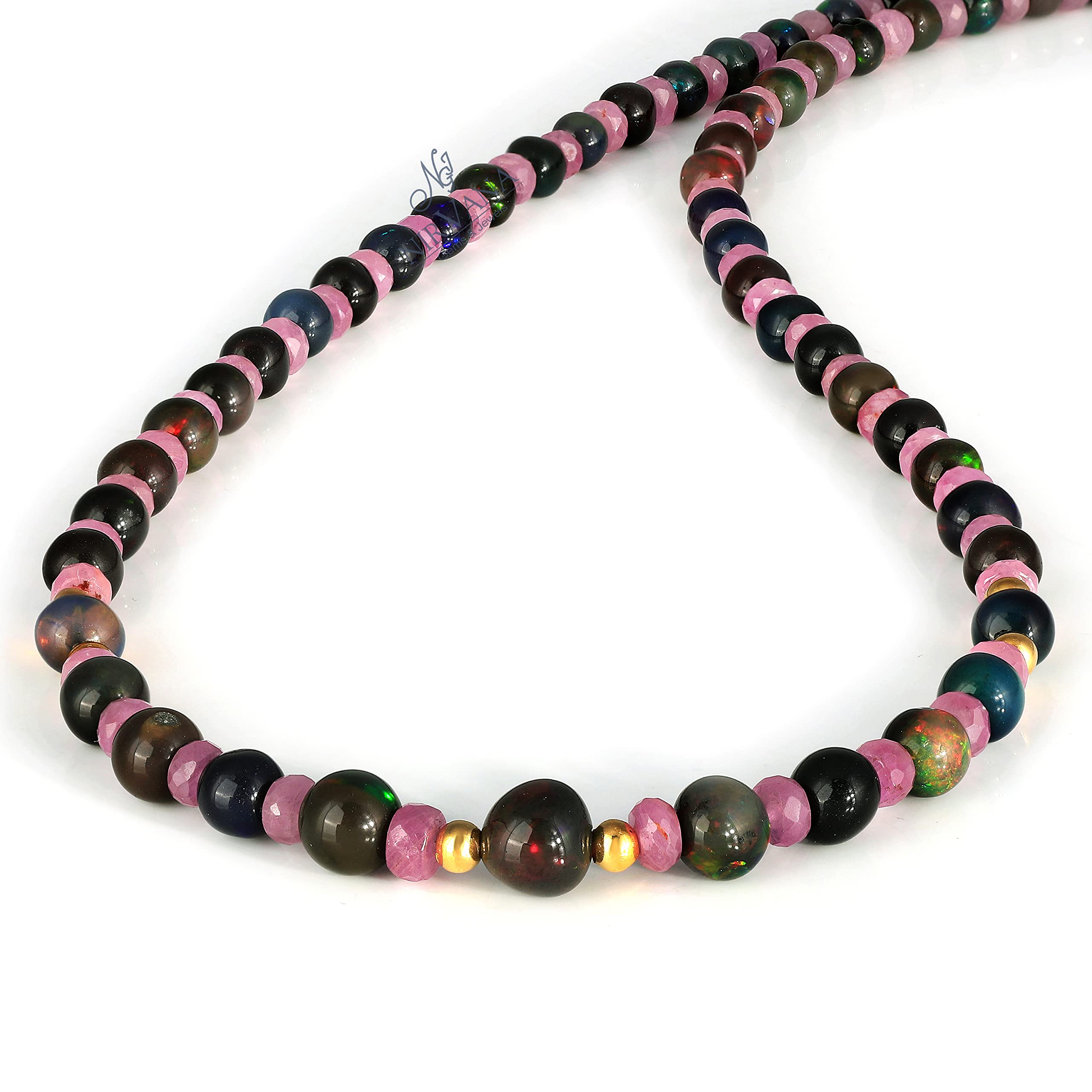 Opal and Black Sapphire Handmade Necklace for Women - 925 Sterling Silver Dainty Bead Jewelry - 50cm Adjustable Length - Perfect for Weddings, Parties & Everyday Elegance