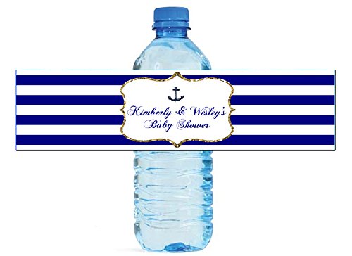 Navy Blue, White & Gold Nautical Anchor Water Bottle Labels - Perfect for Weddings, Birthdays, Baby Showers & Party Favors