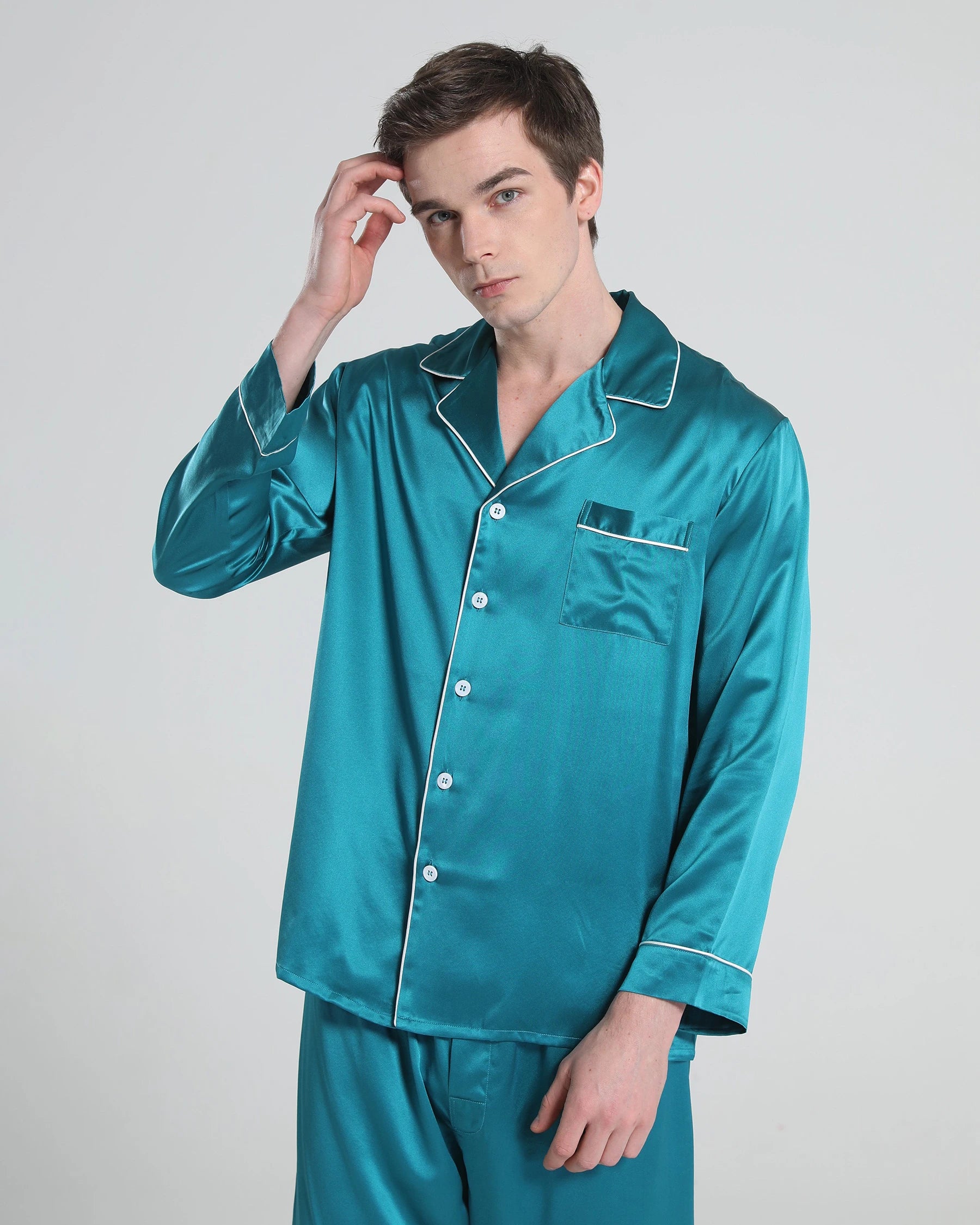 Premium Men's Silk Pajama Set with Lapel Collar - Soft & Breathable Sleepwear for Lounge & Travel - Perfect for Home Relaxation & Hotel Stays