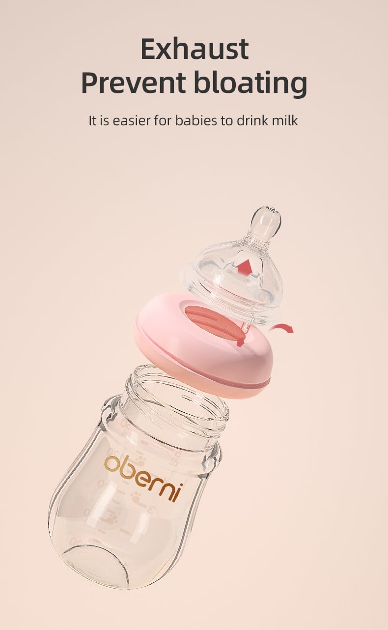 Oberni Glass Baby Bottles for Newborns 0-3 Months - 120ml/4oz Anti-Colic Infant Bottle with Natural Response Slow Flow Nipple (Pink, 1 Pack) - Perfect for Breastfeeding Transition & Gentle Feeding at Home or On-the-Go