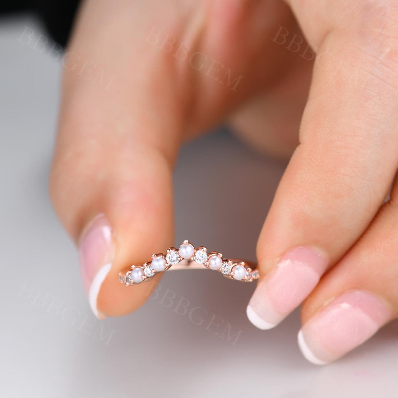 14K Rose Gold Petite V-Shaped Pearl & Diamond Stacking Ring for Women - Elegant Curve Band for Layering, Stacking, and Everyday Wear