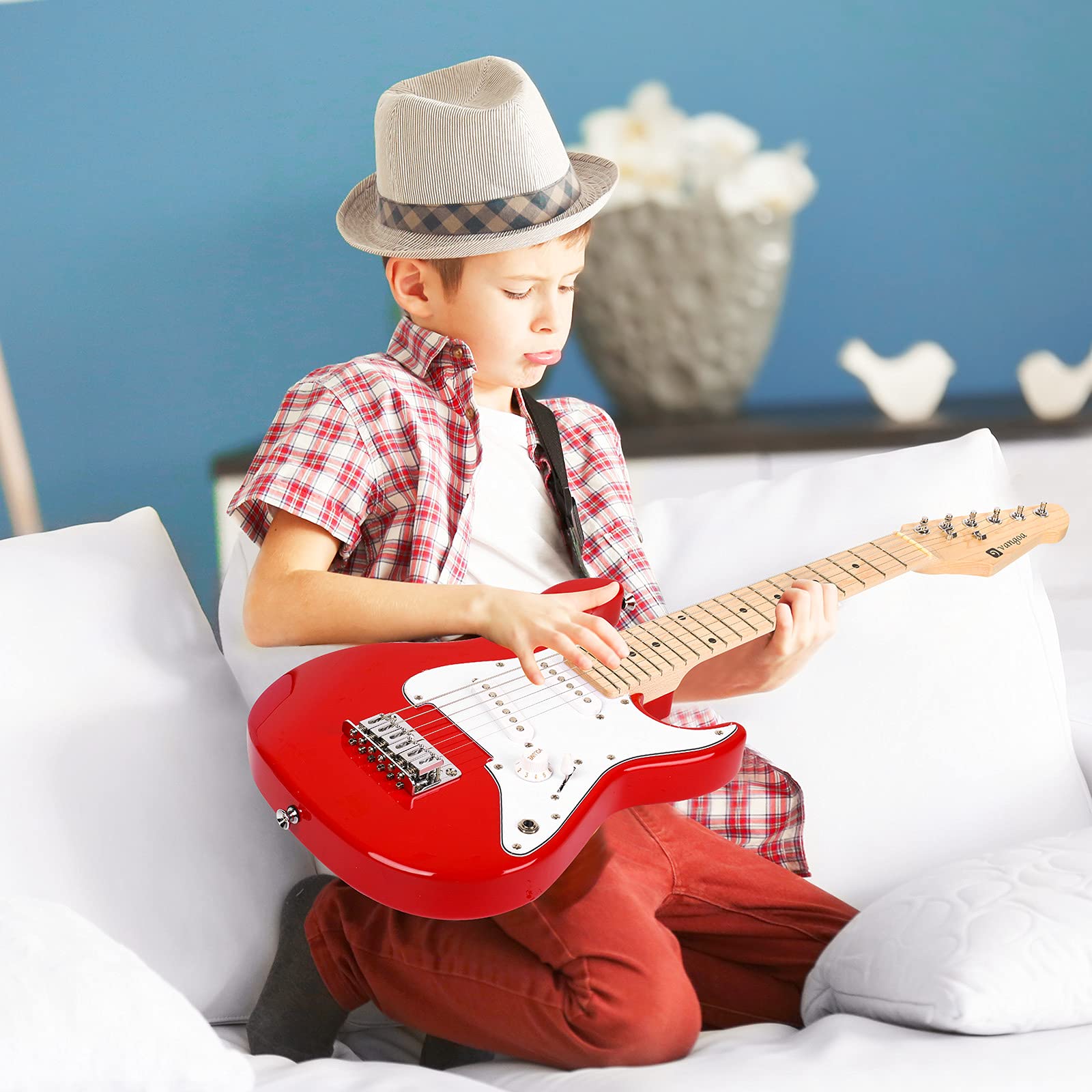 Vangoa 30 Inch Kids Electric Guitar Beginner Kit with Amp, Bag, Strap, Strings, Capo, Tuner, Picks & Cable - Perfect for Boys & Girls Learning Guitar (Red) - Ideal for Home Practice, Music Lessons & Rockstar Performances