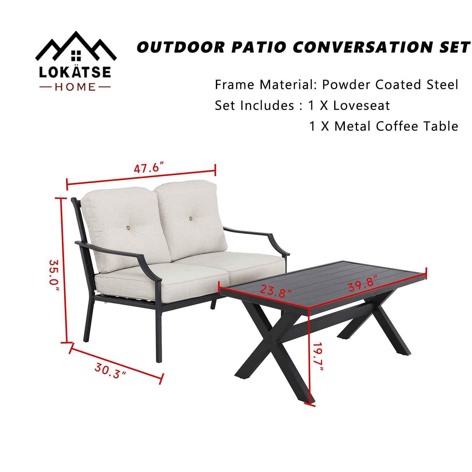 LOKATSE HOME 2-Piece Outdoor Patio Conversation Set - Metal Bench Sofa with Cushions & Coffee Table, Beige Loveseat for Garden, Backyard, Poolside Relaxation