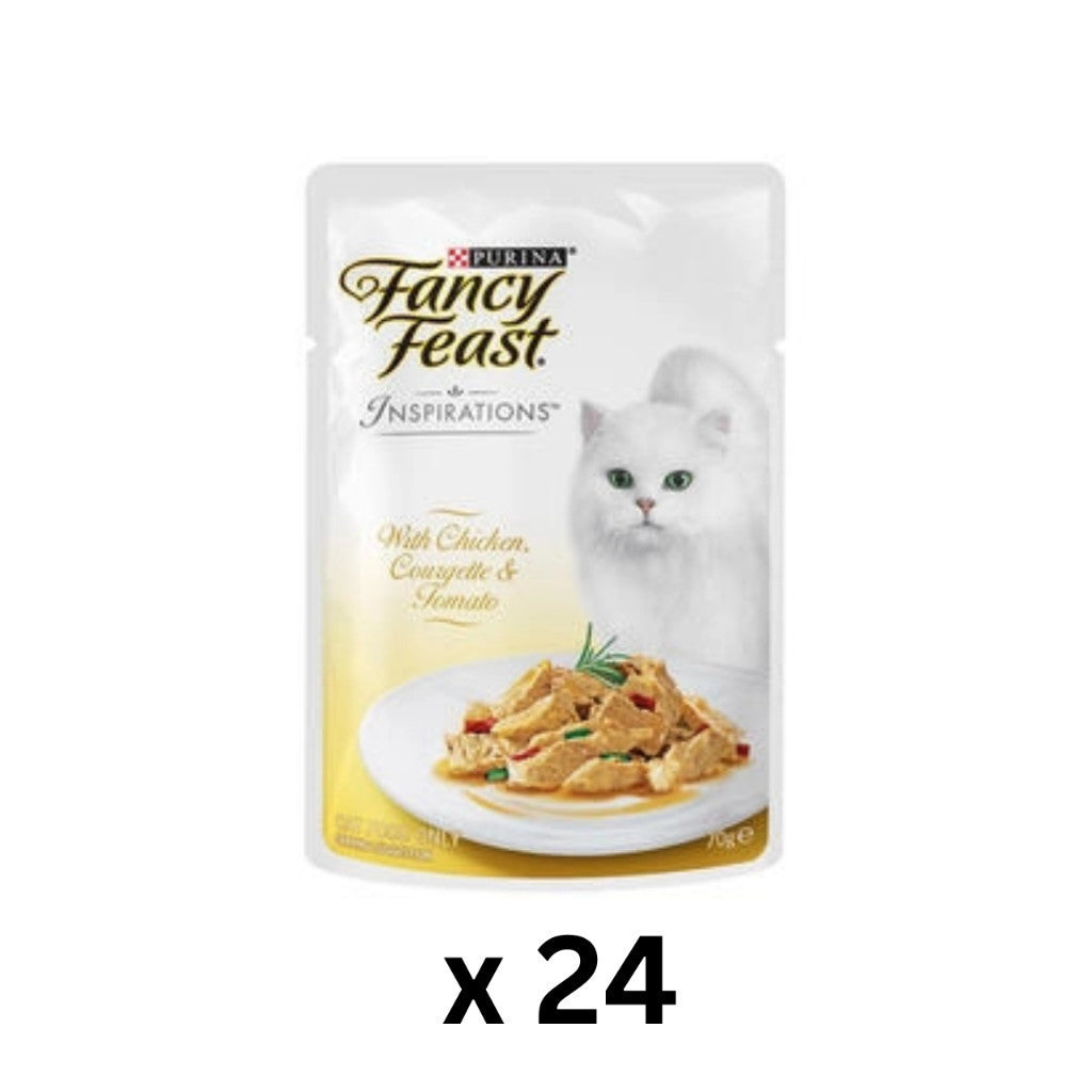 24-Pack Fancy Feast Inspirations 70g Cat Food Variety Pack - Chicken, Courgette, Tomato, Tuna, Beef & Salmon - Delicious & Nutritious Wet Cat Food for Adult Cats - Perfect for Mealtime, Travel & Treats