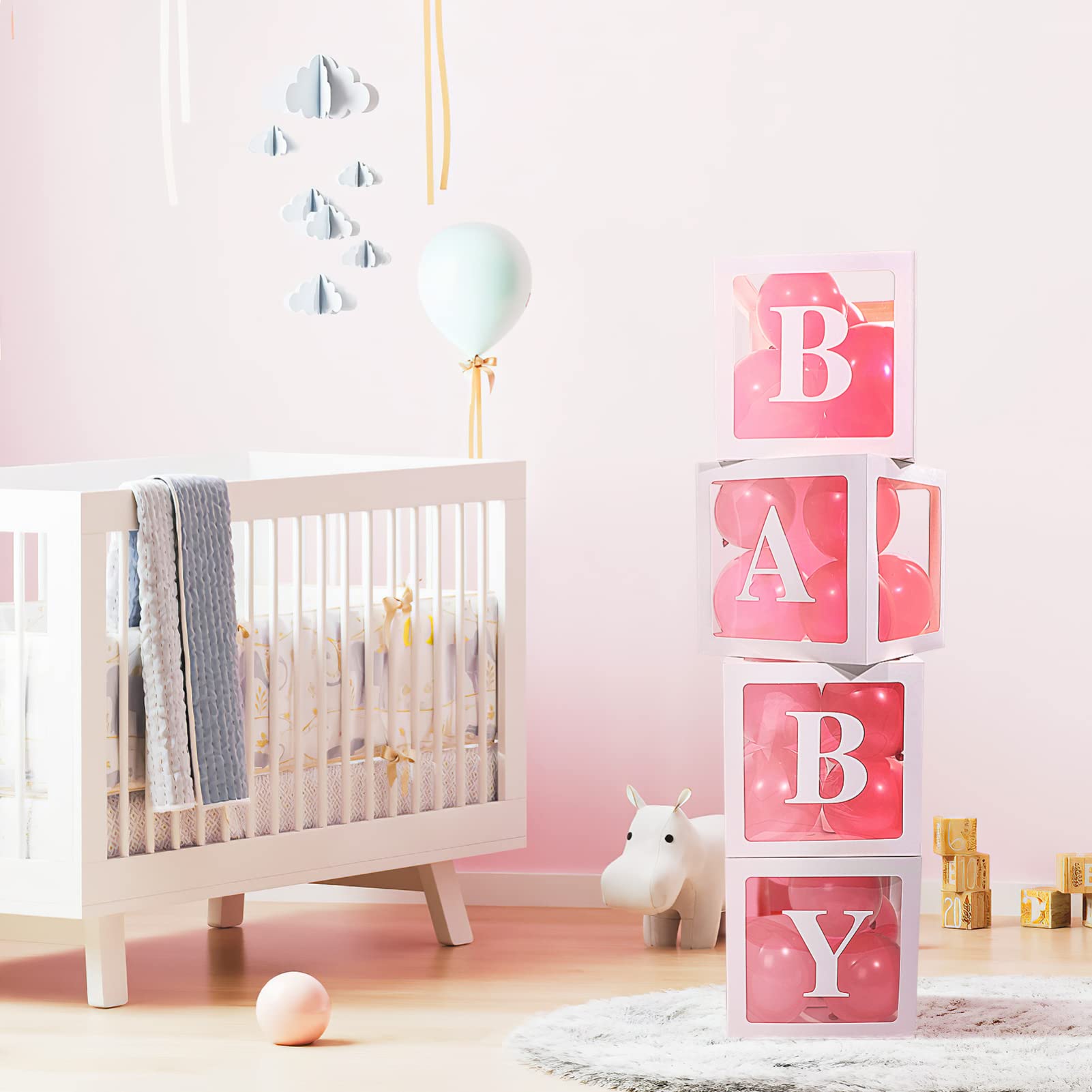 Toyvian 4-Pack Clear Baby Block Boxes with Replaceable Letters - Perfect for Baby Shower Decorations, Birthday Parties & Nursery Room Organization