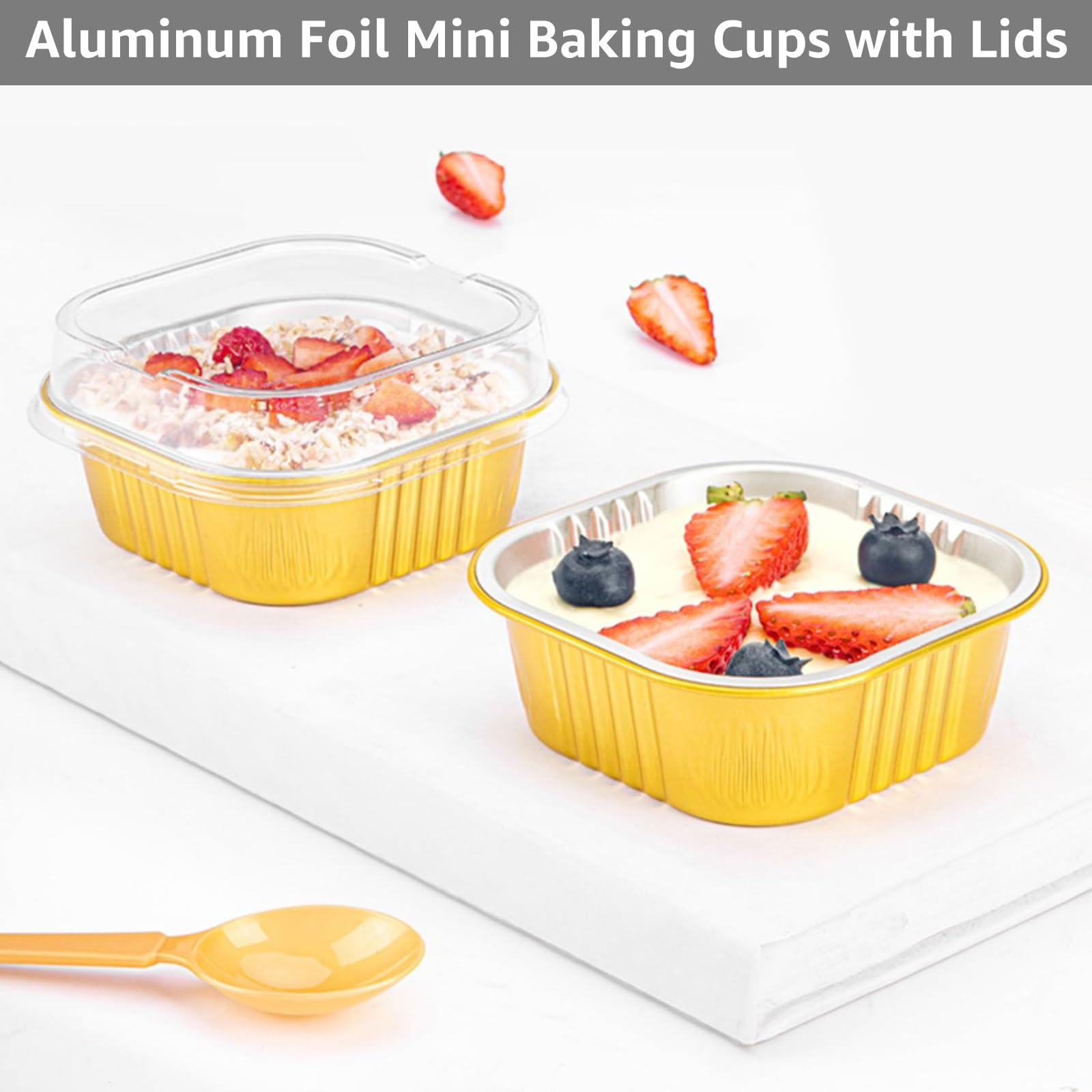 100Pcs 5oz Disposable Aluminum Foil Ramekins with Lids - Mini Cake Pans, Reusable Cupcake Liners, Square Dessert Containers - Perfect for Cheesecake, Muffins, Baking & Party Serving