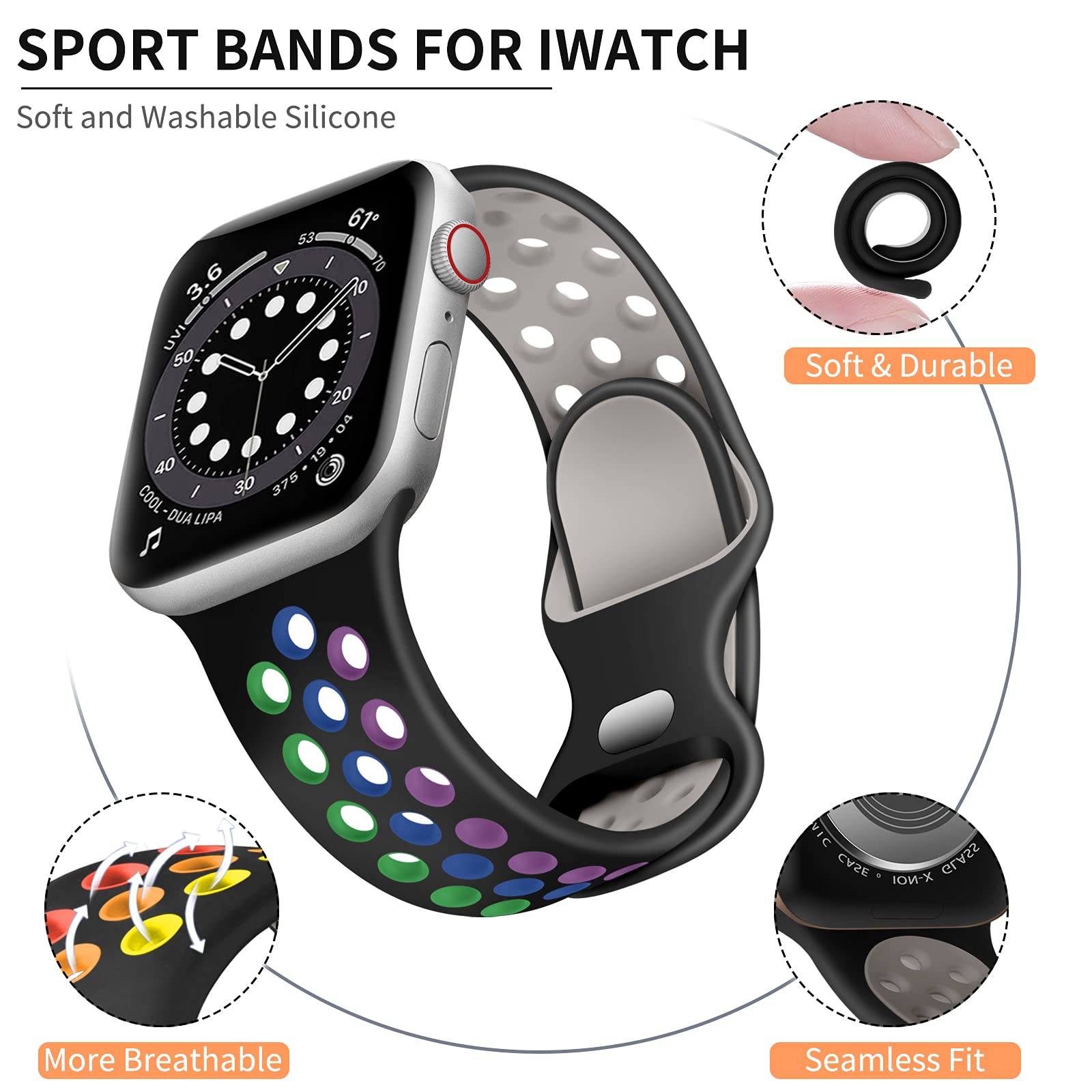 Lerobo Soft Silicone Sport Band Compatible with Apple Watch Series 10/9/8/7/6/5/4/3/2/1 & SE & Ultra 2 (45mm 44mm 46mm 42mm 49mm) - Breathable Lightweight Wrist Strap Replacement for Women & Men - Black/Rainbow (M/L) - Perfect for Running, Workouts & Daily Wear
