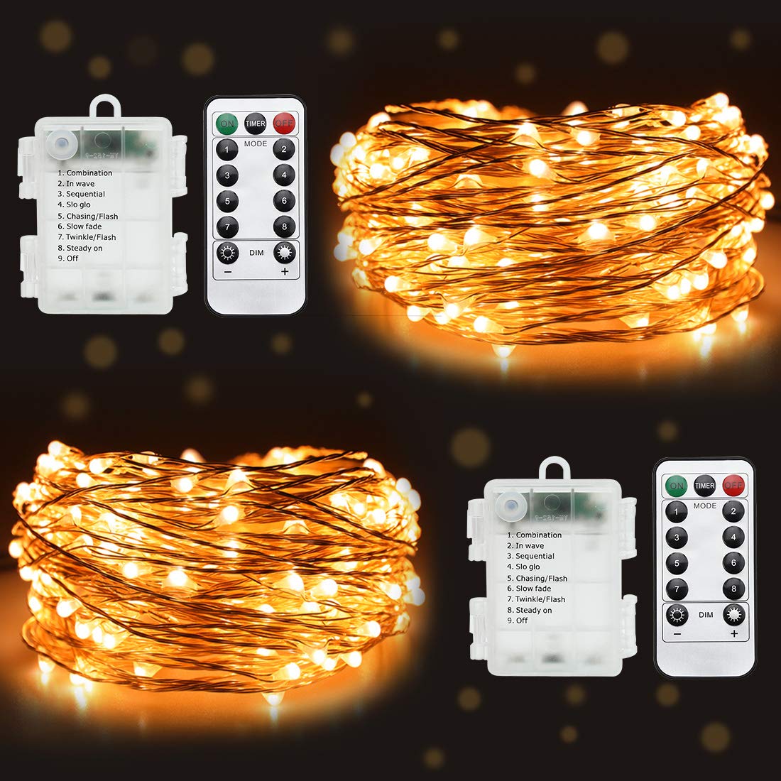 2 Pack 50 LED Fairy Lights - 16.4ft Battery Operated String Lights with Remote Control & 8 Lighting Modes - Waterproof Twinkle Lights for Christmas Decorations, Bedroom, Patio, Garden, Wedding, Party (Indoor/Outdoor Use)
