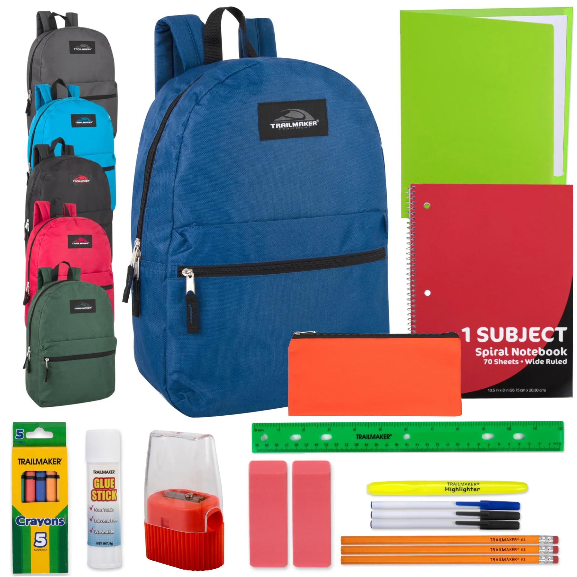24 Pack Bulk Kids Backpacks with School Supplies - Durable Trailmaker Backpack Set for School, Travel & Outdoor Activities | Includes Pencils, Notebooks & More