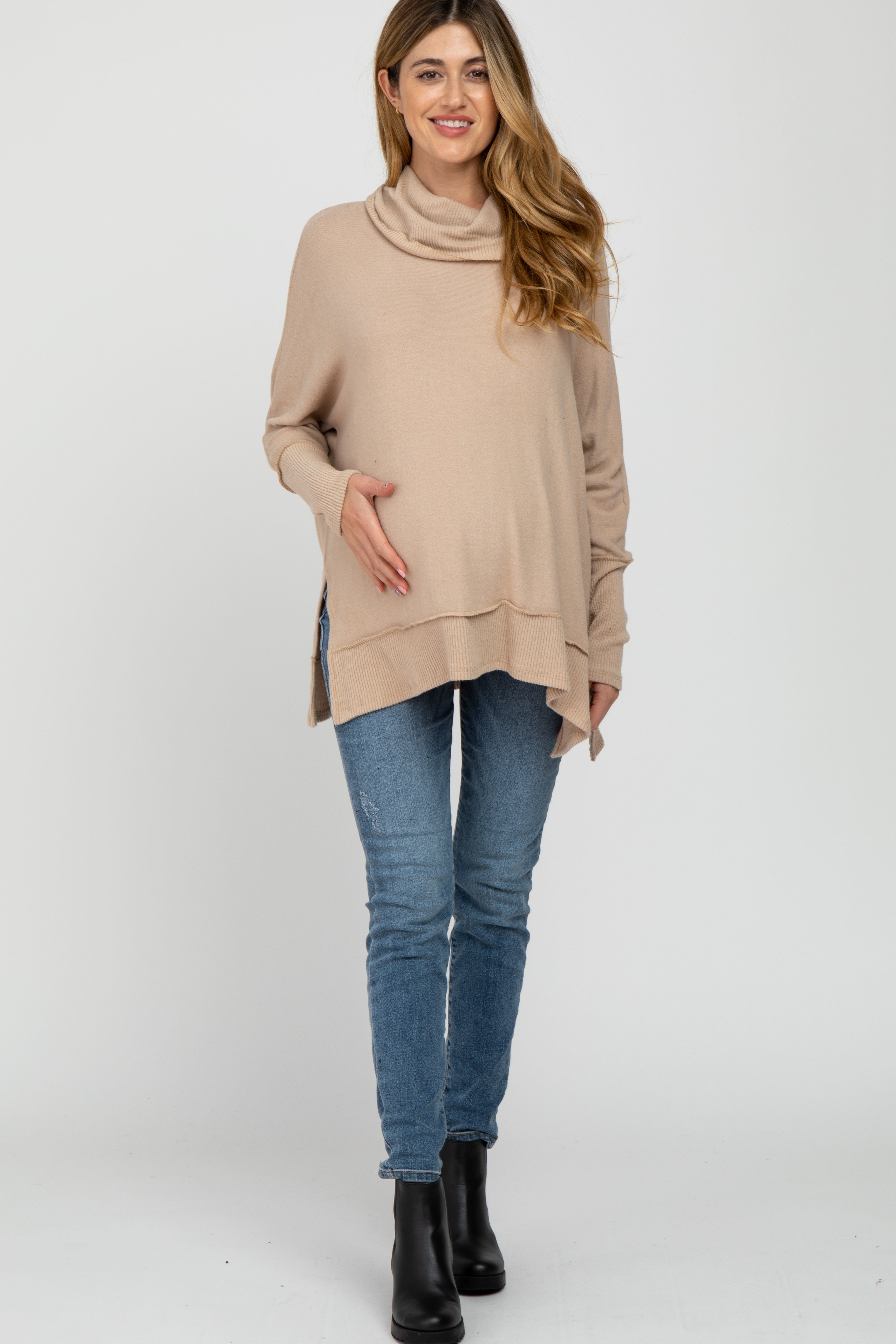 Beige Maternity Top - Soft Knit Dolman Sleeve Cowl Neck Shirt for Pregnant Women | Comfortable Pregnancy Clothes for Work & Casual Wear