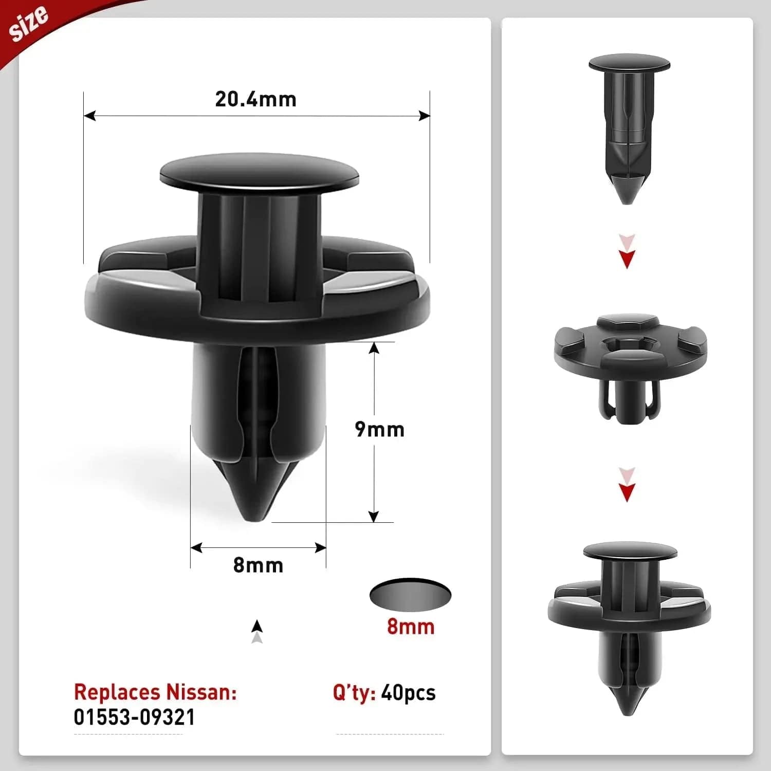 40 Pcs 8mm Bumper Rivet Fender Clips - 20mm Head Hole - OEM Replacement for Nissan 01553 09321 - Perfect for Car Body Panel Repair & Auto Bumper Installation