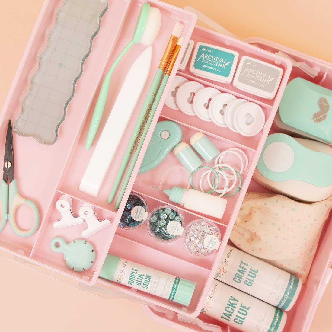 Craftelier Portable Craft Box Organizer with Handle & 3 Trays - Pink Art Supply Storage Case for Scrapbooking, Beading, Sewing - 12.8