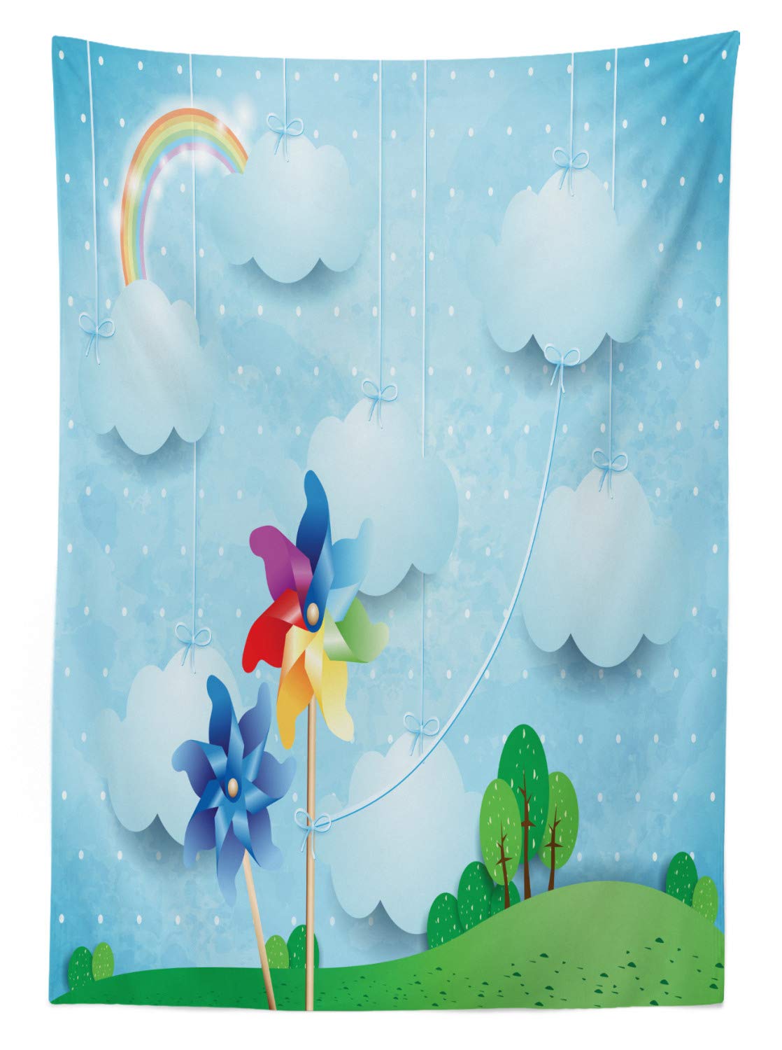 Ambesonne Pinwheel Outdoor Tablecloth - Surreal Cloud Sky Rainbow & Idyllic Meadow Fantasy Landscape - Washable Picnic Table Cover 58x104 Inches Multicolor - Perfect for Outdoor Dining, Garden Parties & Picnics