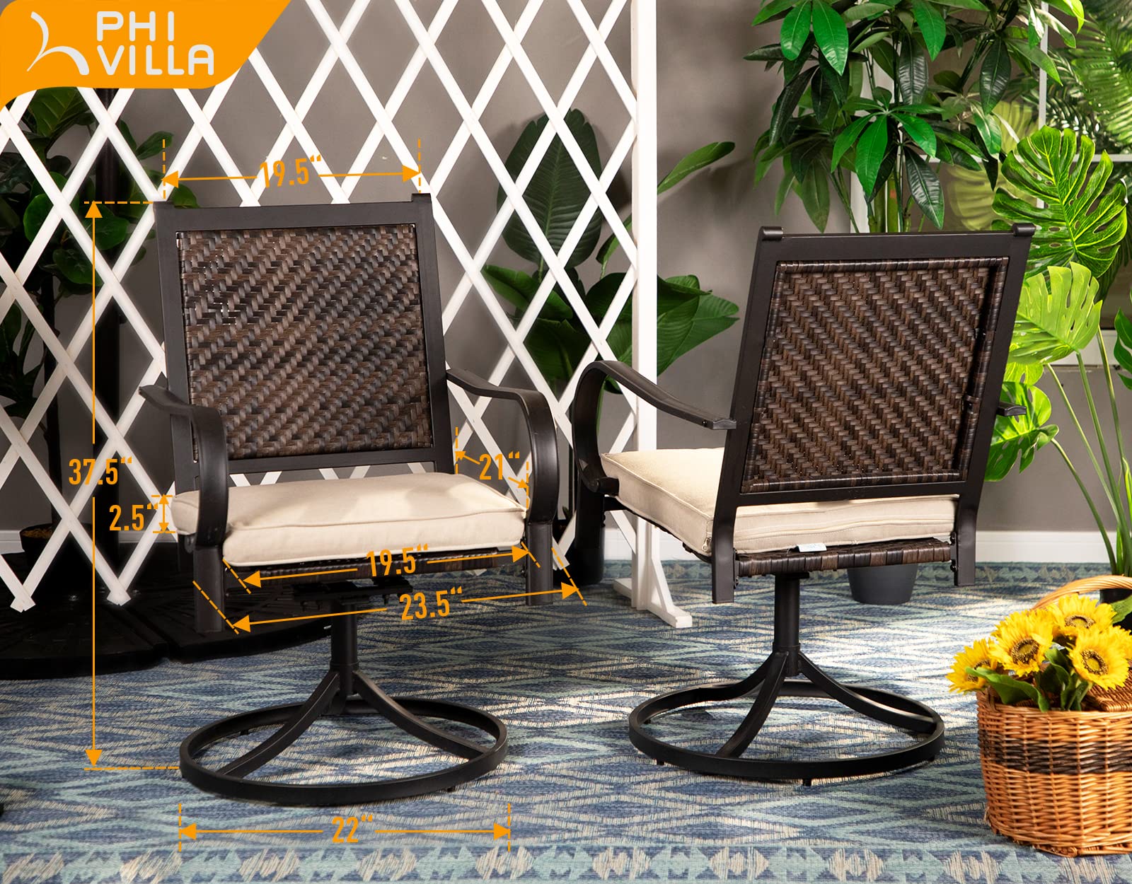 PHI VILLA 2-Piece Outdoor Rattan Dining Chair Set - Heavy Duty Wicker Swivel Patio Chairs with Cushions - Weather-Resistant Garden Furniture for Backyard, Lawn, Poolside & Bistro Dining