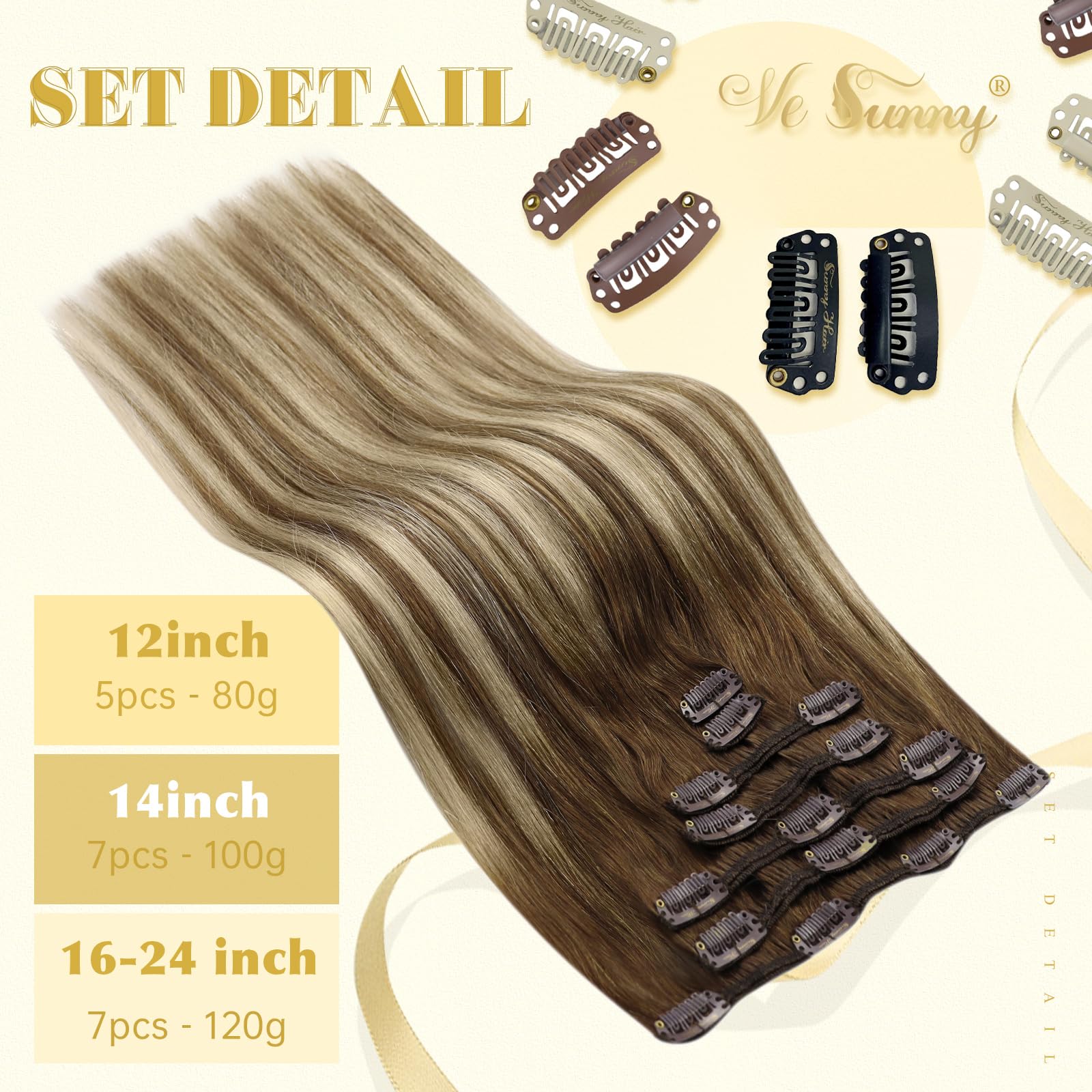 Ve Sunny 18 Inch 7-Piece Clip-In Human Hair Extensions - Balayage Chestnut Brown to Blonde Ombre, Double Weft Remy Hair (120g) for Volume & Length - Perfect for Parties, Weddings & Everyday Styling
