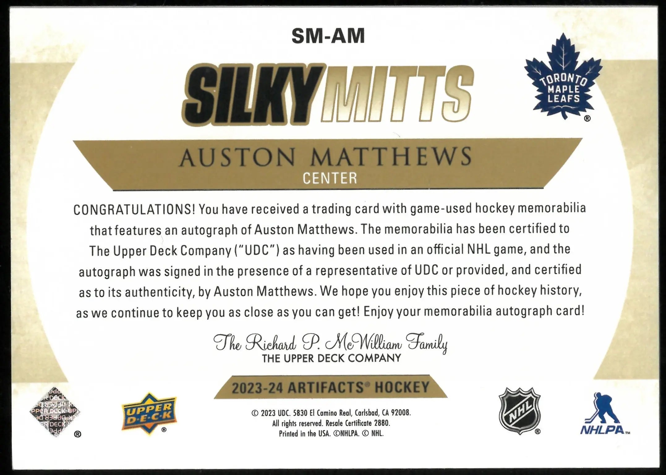 2023-24 Upper Deck Artifacts Auston Matthews Silky Mitts Relic Autographed Hockey Card /25 - NHL Collectors Edition for Display & Investment