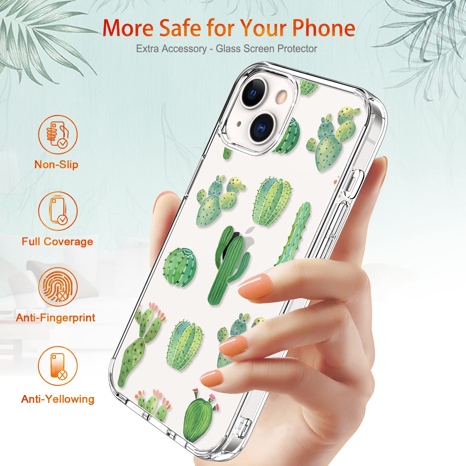 GiiKa iPhone 13 Mini Case with Screen Protector - 5.4 Inch Clear Full Body Shockproof Protective Floral Design Hard Case with TPU Bumper Cover for Women (Green Cactus) - Perfect for Everyday Use, Travel & Outdoor Activities