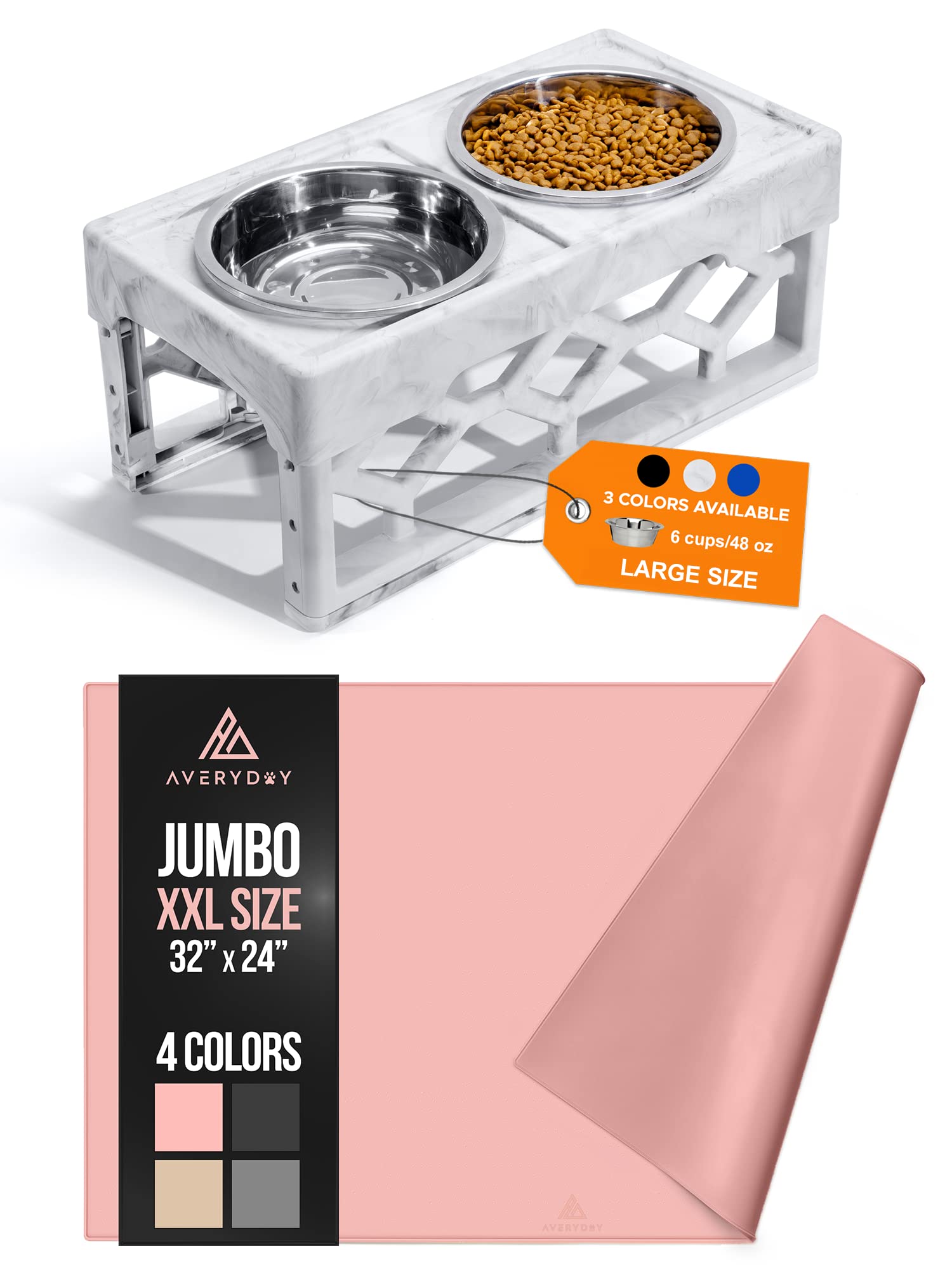 AVERYDAY Large Elevated Dog Bowl Stand with 4 Height Adjustments - Includes 2 Stainless Steel Pet Food Bowls & Non-Slip Silicone Mat - Perfect for Large Breed Dogs, Senior Pets, and Mealtime Comfort (Kitchen, Outdoor, Travel Use)
