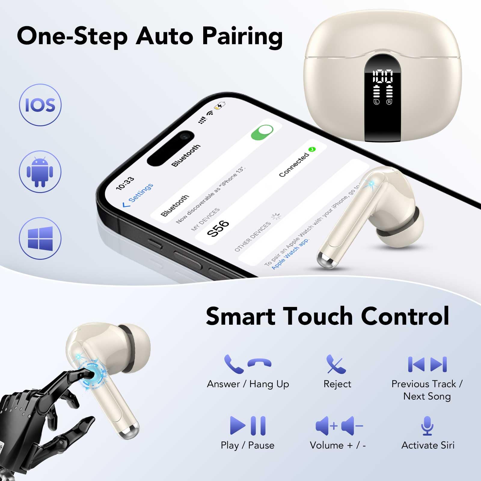 Wireless Earbuds Bluetooth 5.3 with 4 ENC Noise Cancelling Mic - 40H Playtime IP7 Waterproof In-Ear Headphones with Touch Control & USB-C Charging - Perfect for Gym, Running, Travel & Work Calls