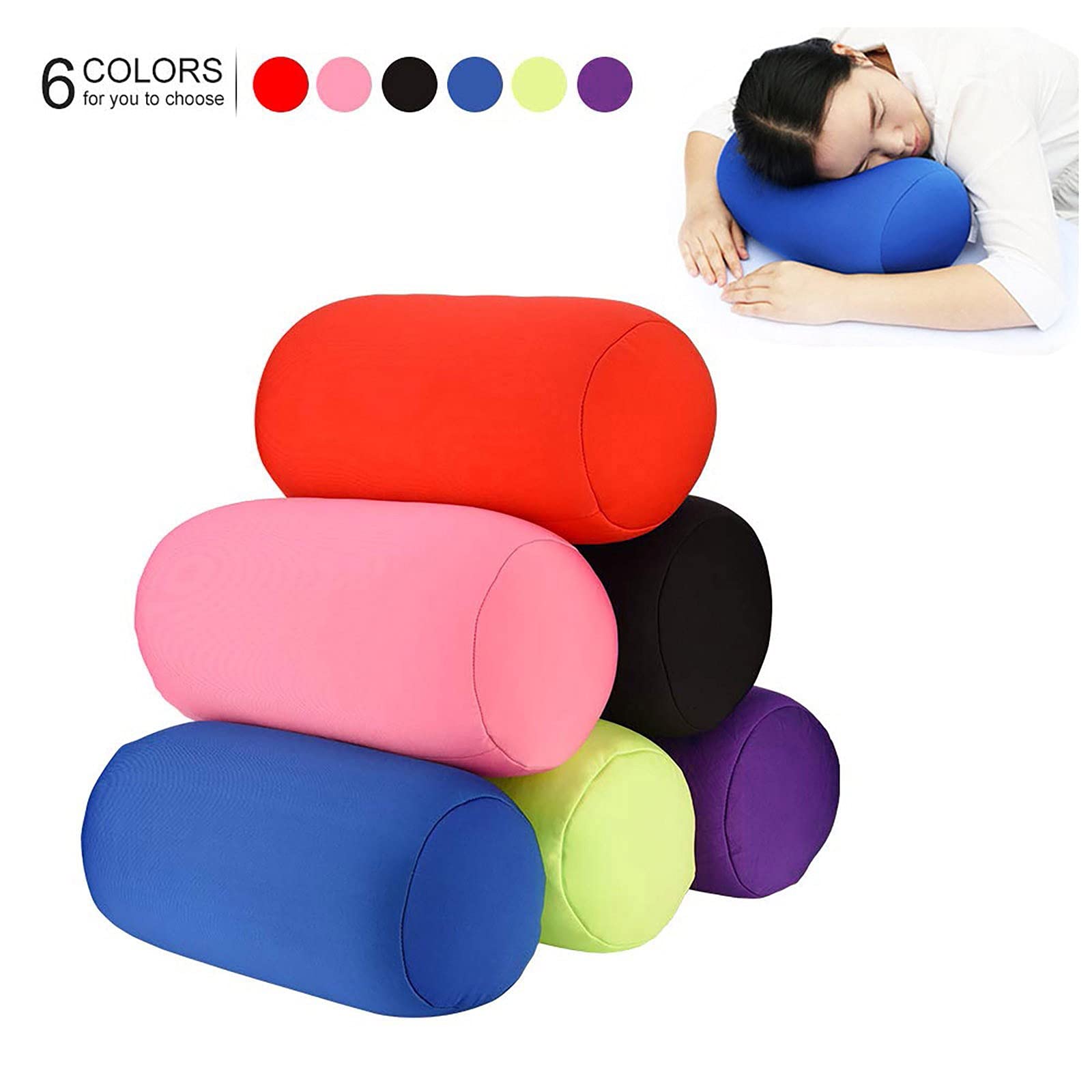 Microbead Roll Neck Pillow - Memory Foam Travel Pillow for Neck & Lumbar Support - Comfortable Bean Bag Bolster Cushion for Airplane, Car, Sofa & Bed - Green, 12.6