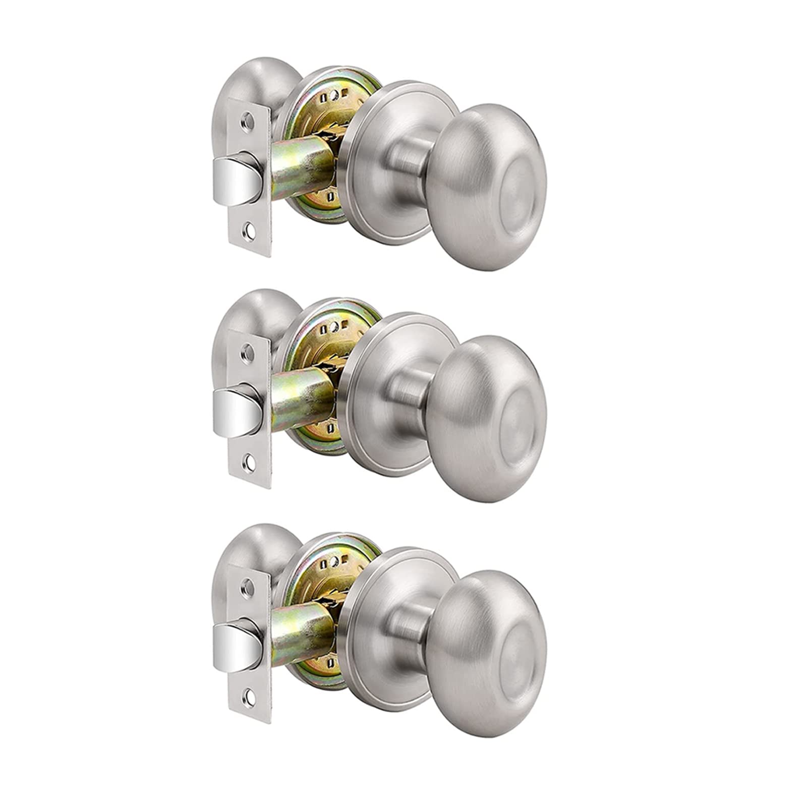 Probrico 3-Pack Oval Hall & Closet Passage Door Knobs - Brushed Nickel Stainless Steel Keyless Entry Door Handles with Egg Style Design for Bedrooms, Bathrooms & Interior Doors