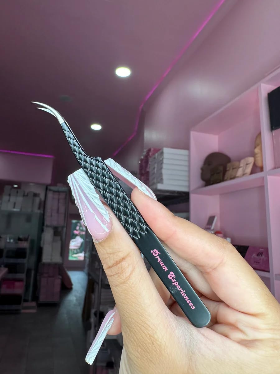 TRISH COSMETICS Professional Curved Fiber Tip Tweezers for Eyelash Extensions - Precision Eyelash Extension Tools (Dream Life Collection) | Perfect for Salon Professionals & DIY Lash Artists at Home
