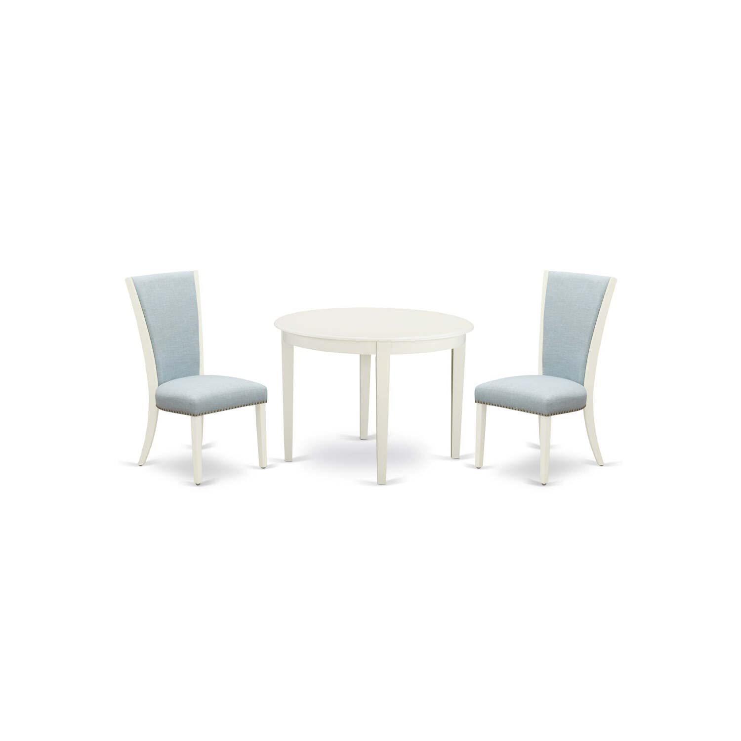 East West Furniture 5-Piece Dining Table Set - Round White Parsons Table with Baby Blue Linen Chairs & Rubberwood Legs - Perfect for Small Spaces, Breakfast Nooks & Cozy Family Dinners