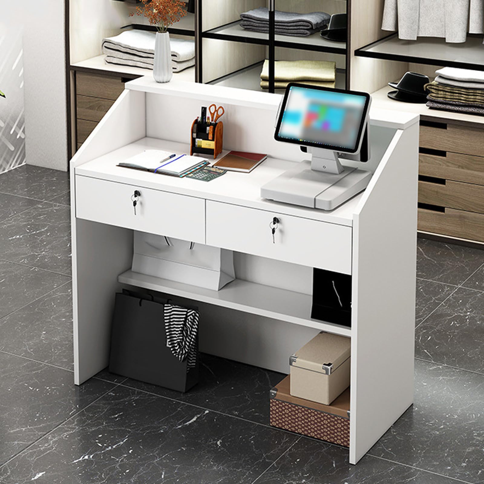 Lockable Commercial Reception Counter - Small Multifunctional Front Desk for Office, Warehouse, Beauty Salon & Restaurant - Secure Storage with Drawers for Professional Spaces