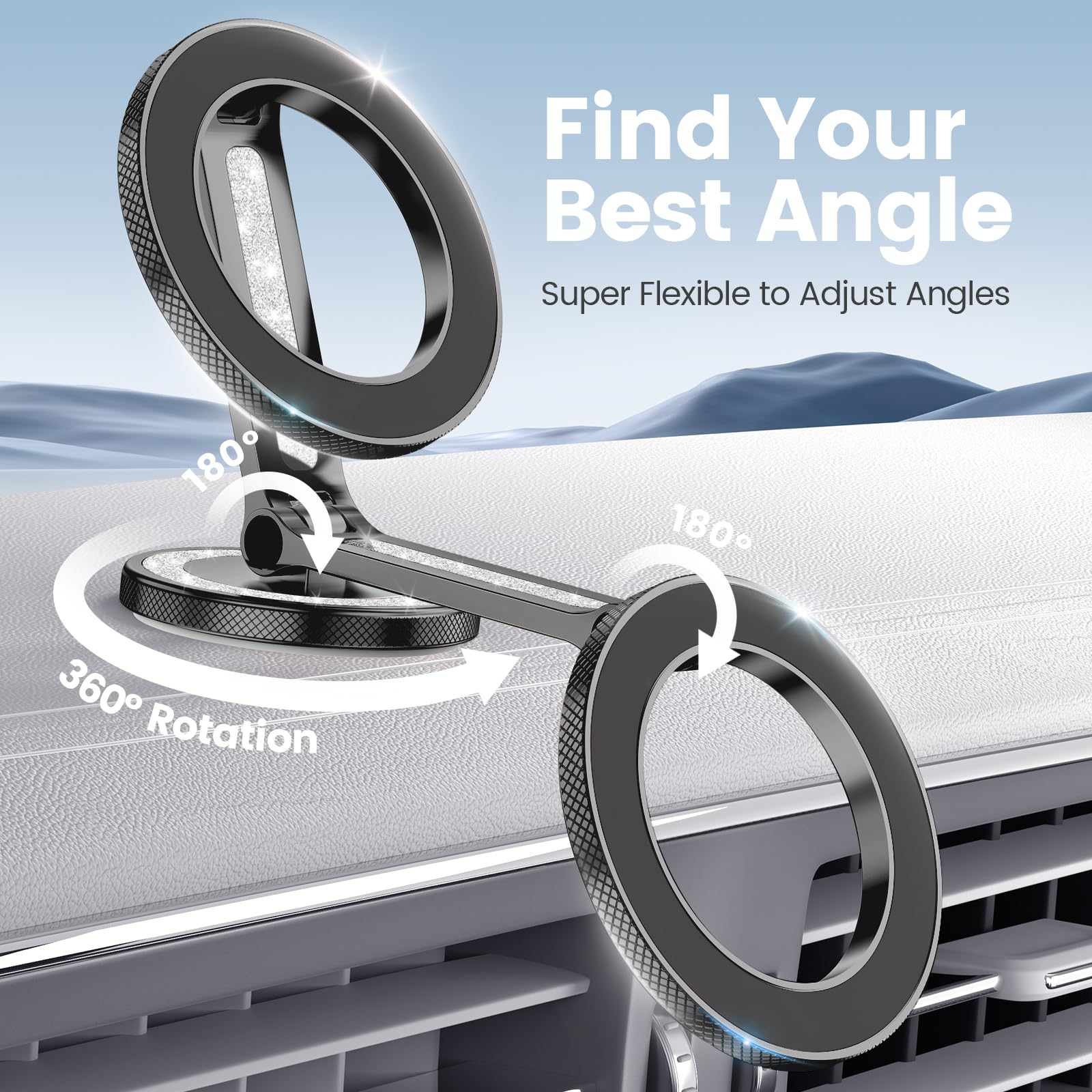Premium MagSafe Car Mount - Strong Magnetic Phone Holder for Dashboard & Tesla Screen | Aluminum Alloy Design (Glitter Black) | Perfect for Hands-Free Driving & GPS Navigation