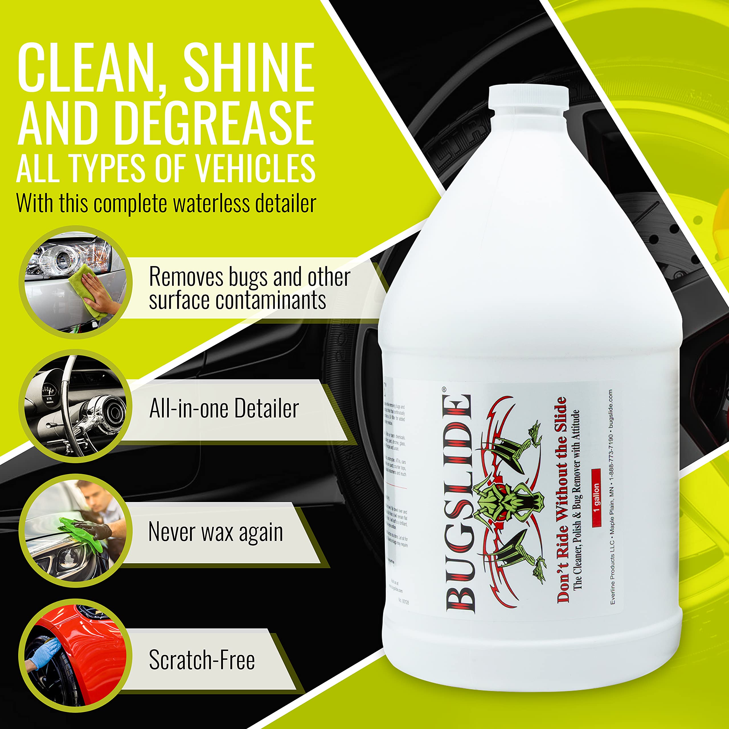 BugSlide 1 Gallon Cleaner Refill for Spray Bottles & Travel Kits - Multi-Surface Cleaning Solution for Cars, Home & Outdoor Use - Shines, Degreases, Polishes - Perfect for Vehicle Detailing, Kitchen Cleaning & Camping Gear Maintenance