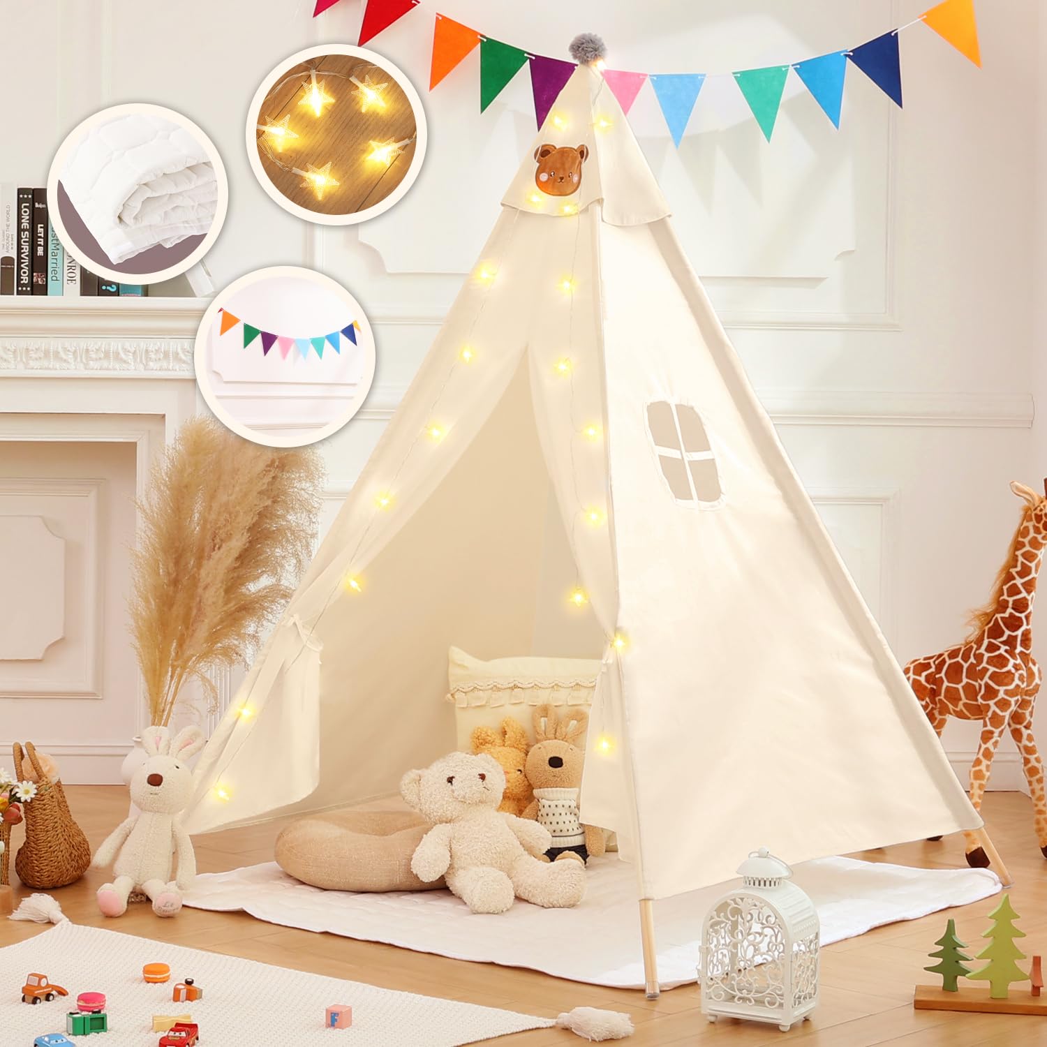 Kids Teepee Tent with Star Lights & Flags - Indoor/Outdoor Playhouse for Toddlers - Perfect for Playrooms & Gifts