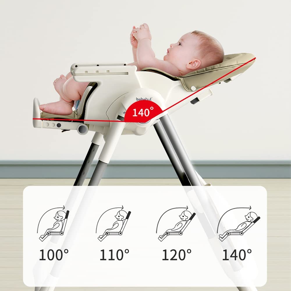 Adjustable Baby High Chair with 5-Point Harness - Convertible Toddler Booster Seat with Adjustable Height, Footrest & Recline - Includes Free Toy Bar for Mealtime Fun (Beige) - Perfect for Dining, Weaning & Playtime