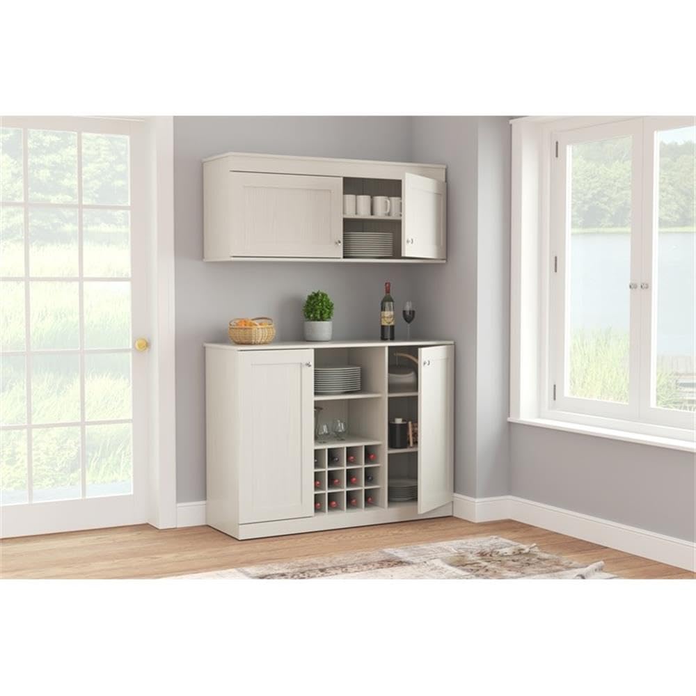 2-Piece Wall Mounted Buffet Storage Cabinet Set with 12-Bottle Wine Rack - Washed Oak Shaker Style for Dining Room & Kitchen Organization