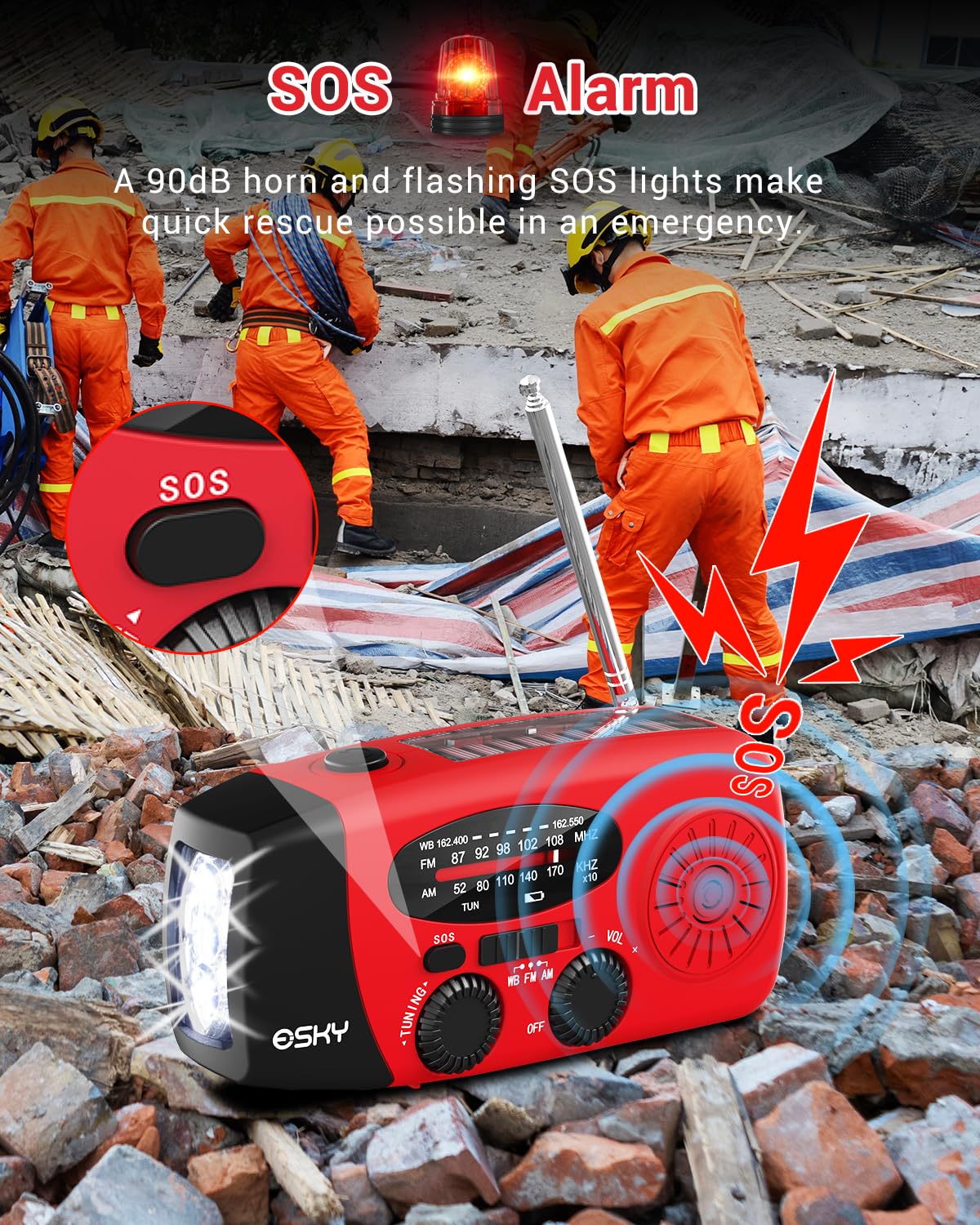 Esky Emergency Hand Crank Radio 7400mWh - AM/FM/NOAA Weather Radio with 3 LED Flashlight, Solar Power & USB Phone Charger - Portable Power Bank for Survival, Camping, Hiking & Emergency SOS Alarm