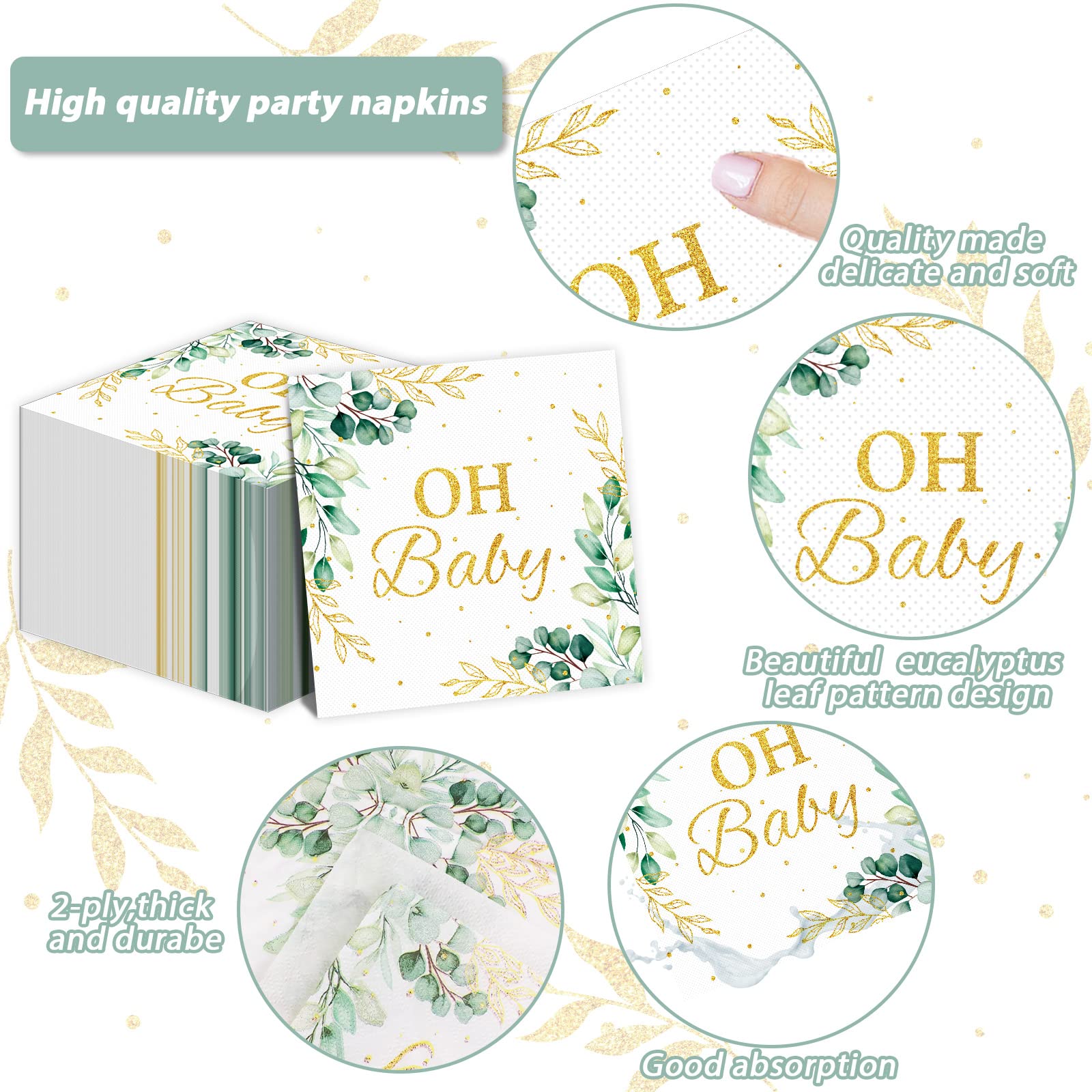 Premium Eucalyptus Leaf Design Disposable Paper Napkins - 100 Pack, Sage Green Baby Shower Party Supplies for Boys Girls Kids, Elegant Table Decorations for Luncheons, Bridal Showers & Birthday Parties