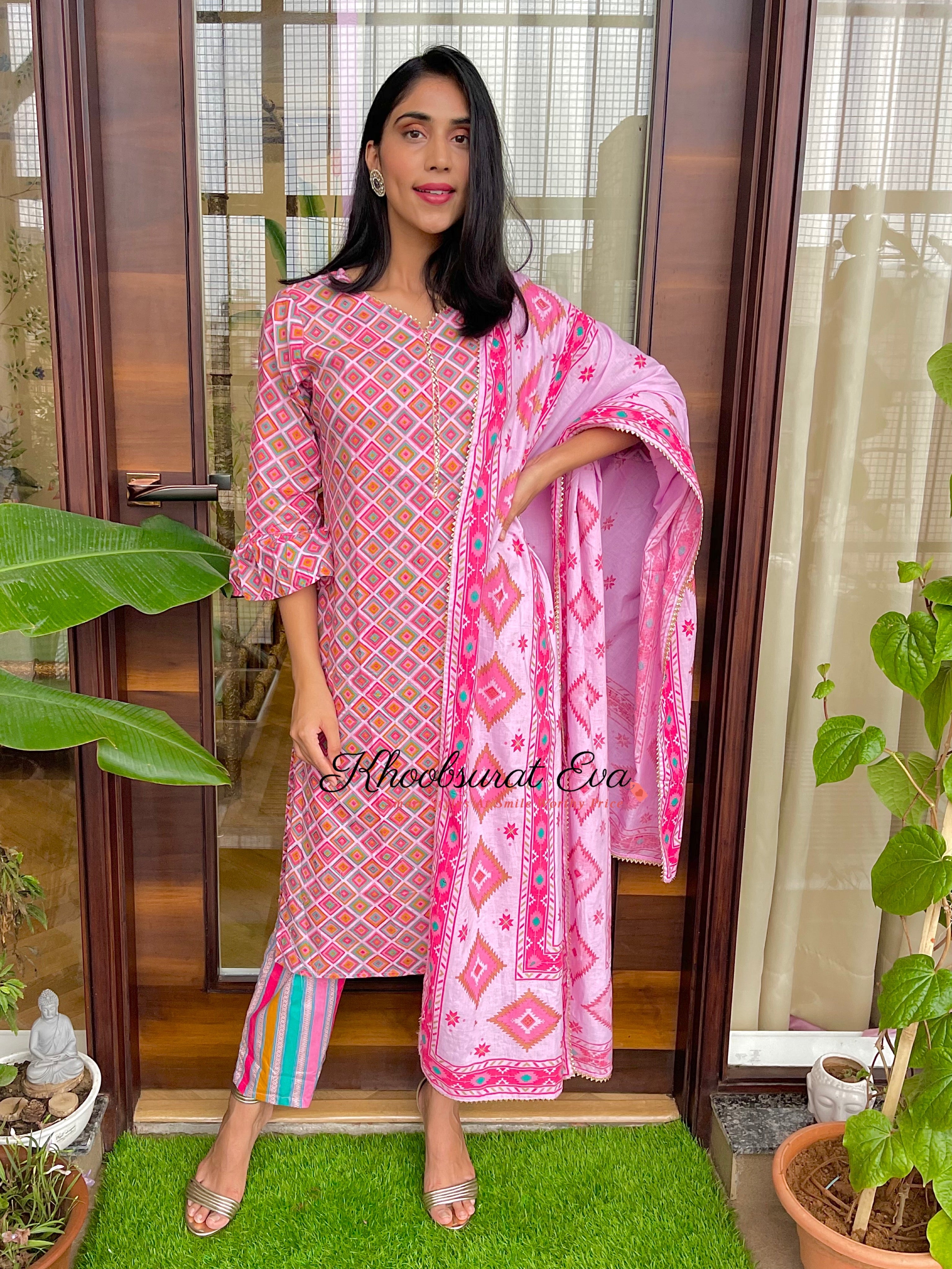 Pink Gota Cotton Printed Kurta Suit Set of 3 | Traditional Indian Ethnic Wear for Women | Perfect for Festivals, Weddings & Special Occasions